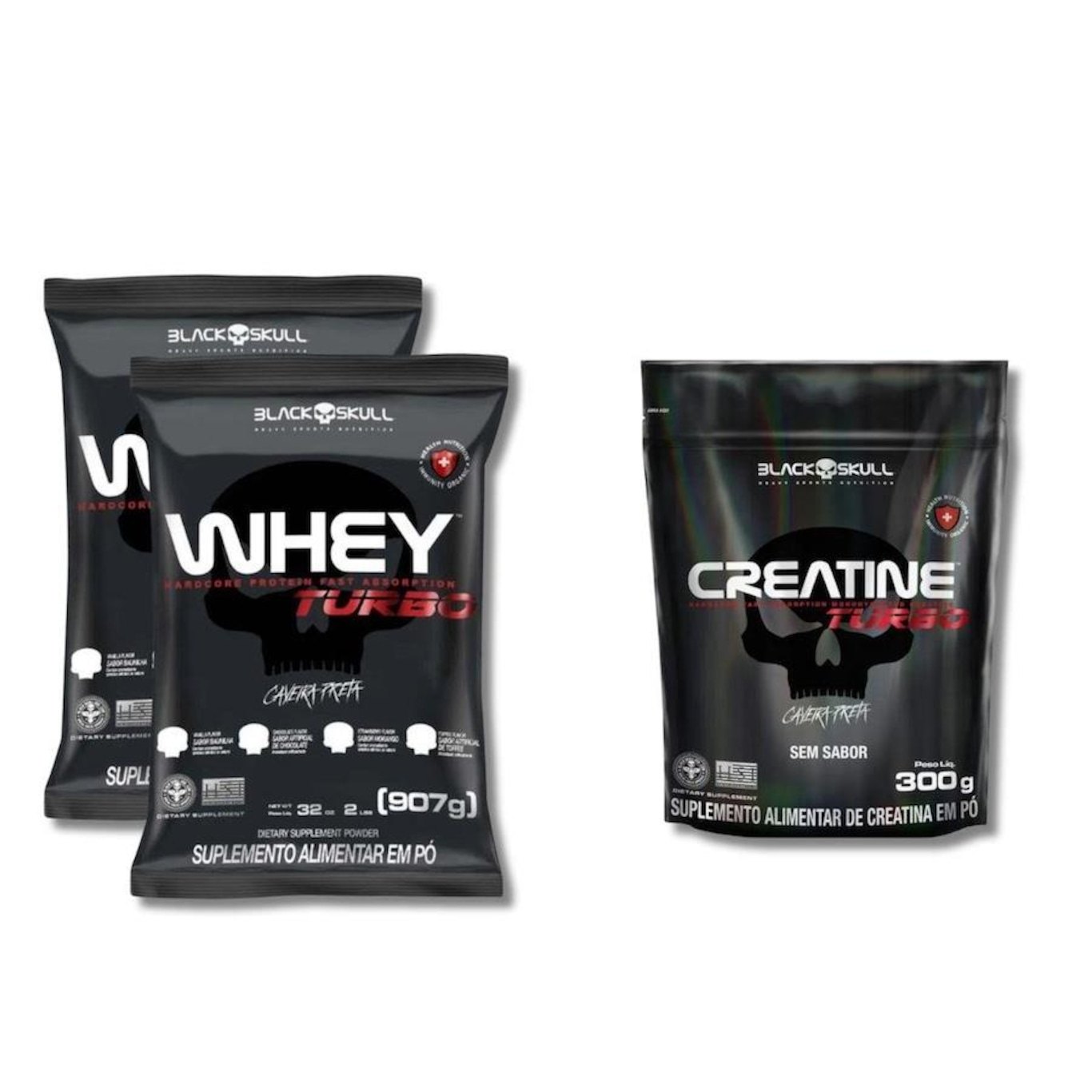 Kit 2X Turbo Whey Protein Refil 907Gr Baunilha + Creatine 300G Refil Black Skull - Foto 1