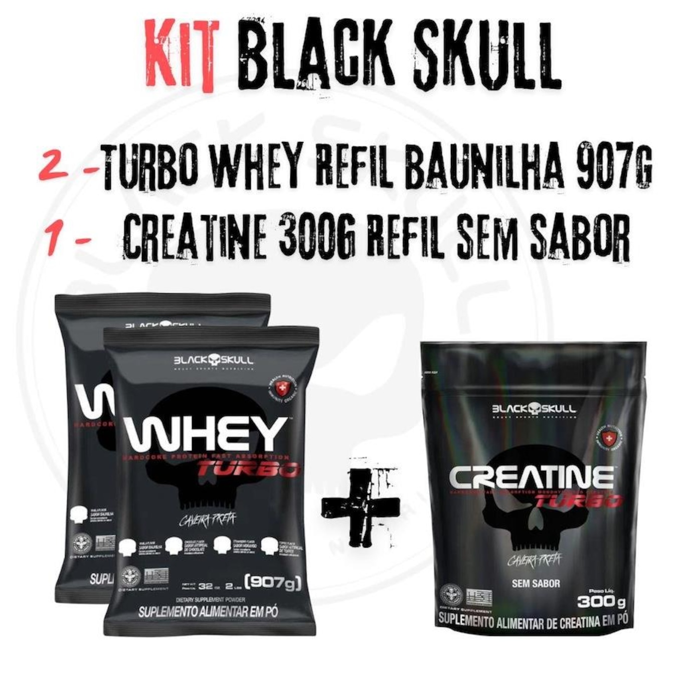 Kit 2X Turbo Whey Protein Refil 907Gr Baunilha + Creatine 300G Refil Black Skull - Foto 2