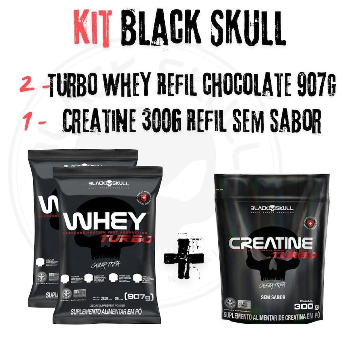 Kit 2X Turbo Whey Protein Refil 907Gr Chocolate Black Skull + Creatine 300G  Refil Black Skull - Foto 2