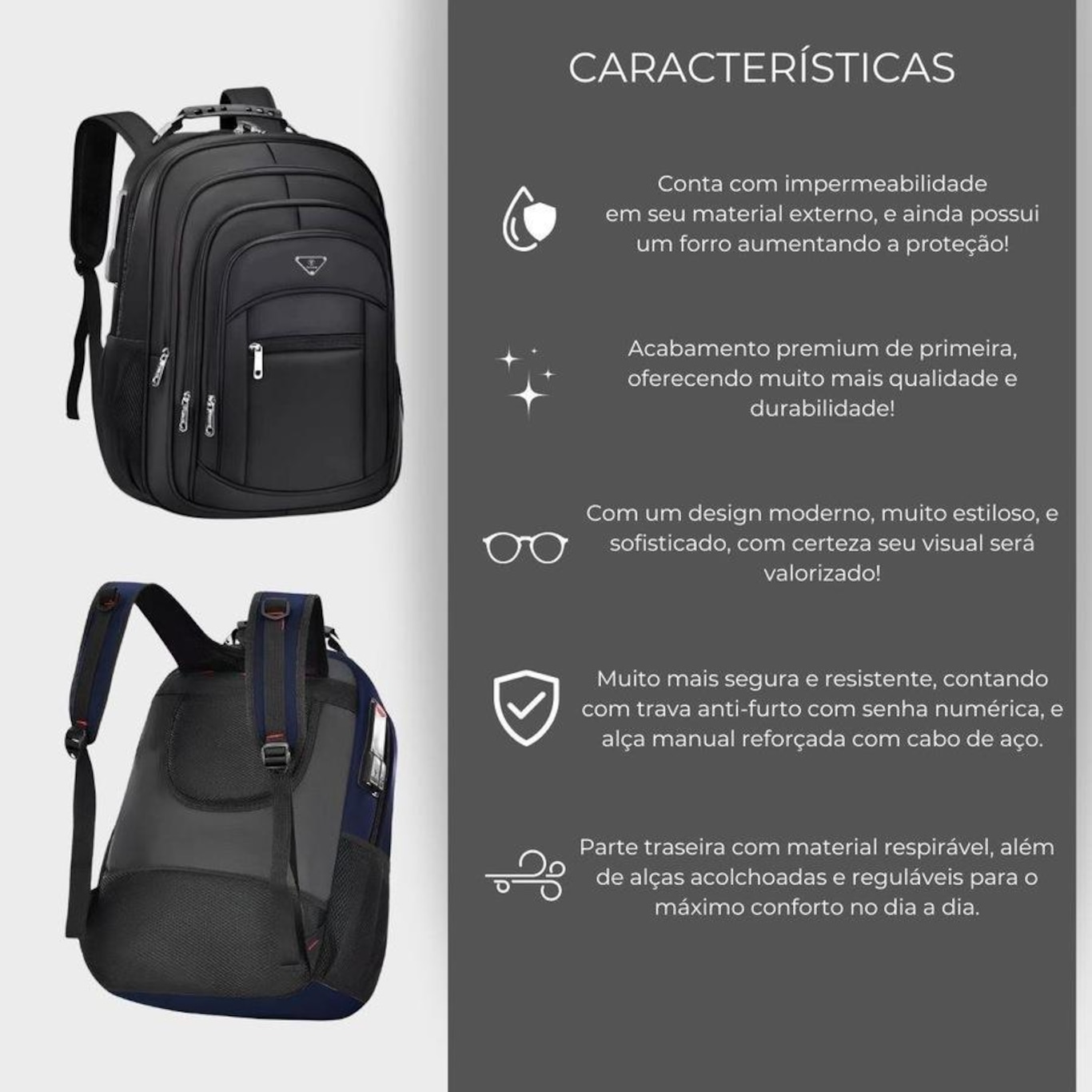 Mochila Executiva Notebook Impermeável Reforçada Senha Antifurto com Porta Usb - Foto 2