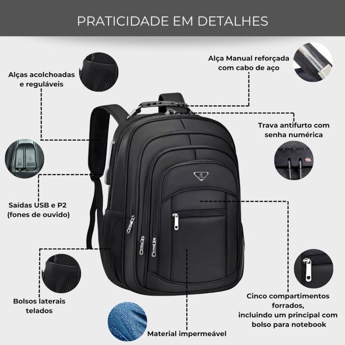 Mochila Executiva Notebook Impermeável Reforçada Senha Antifurto com Porta Usb - Foto 3