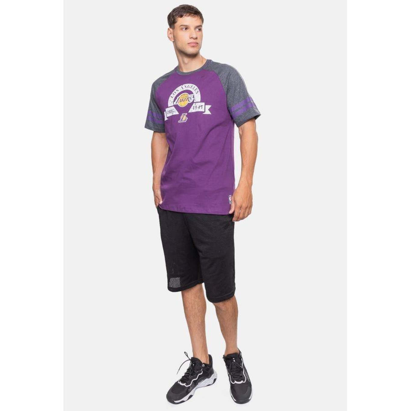 Camiseta Nba Raglan Restored Los Angeles Lakers - Masculina - Foto 3