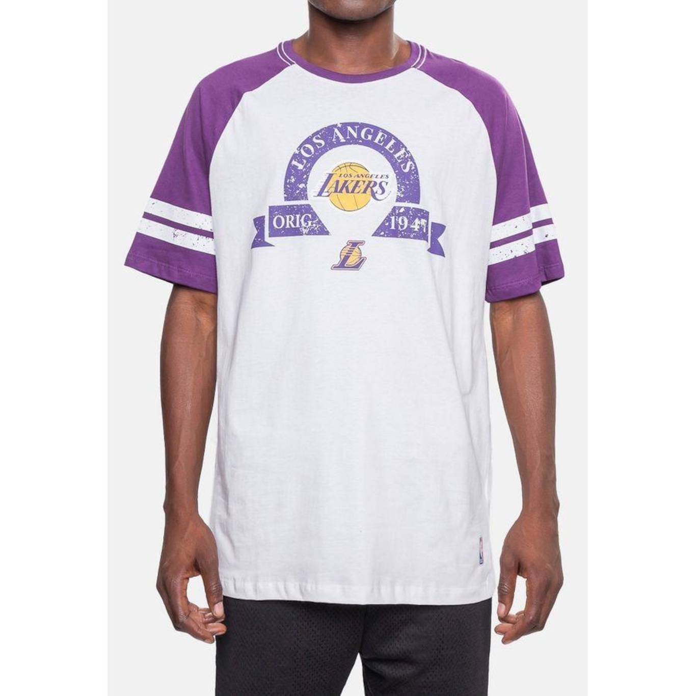 Camiseta Nba Raglan Restored Los Angeles Lakers - Masculina - Foto 1