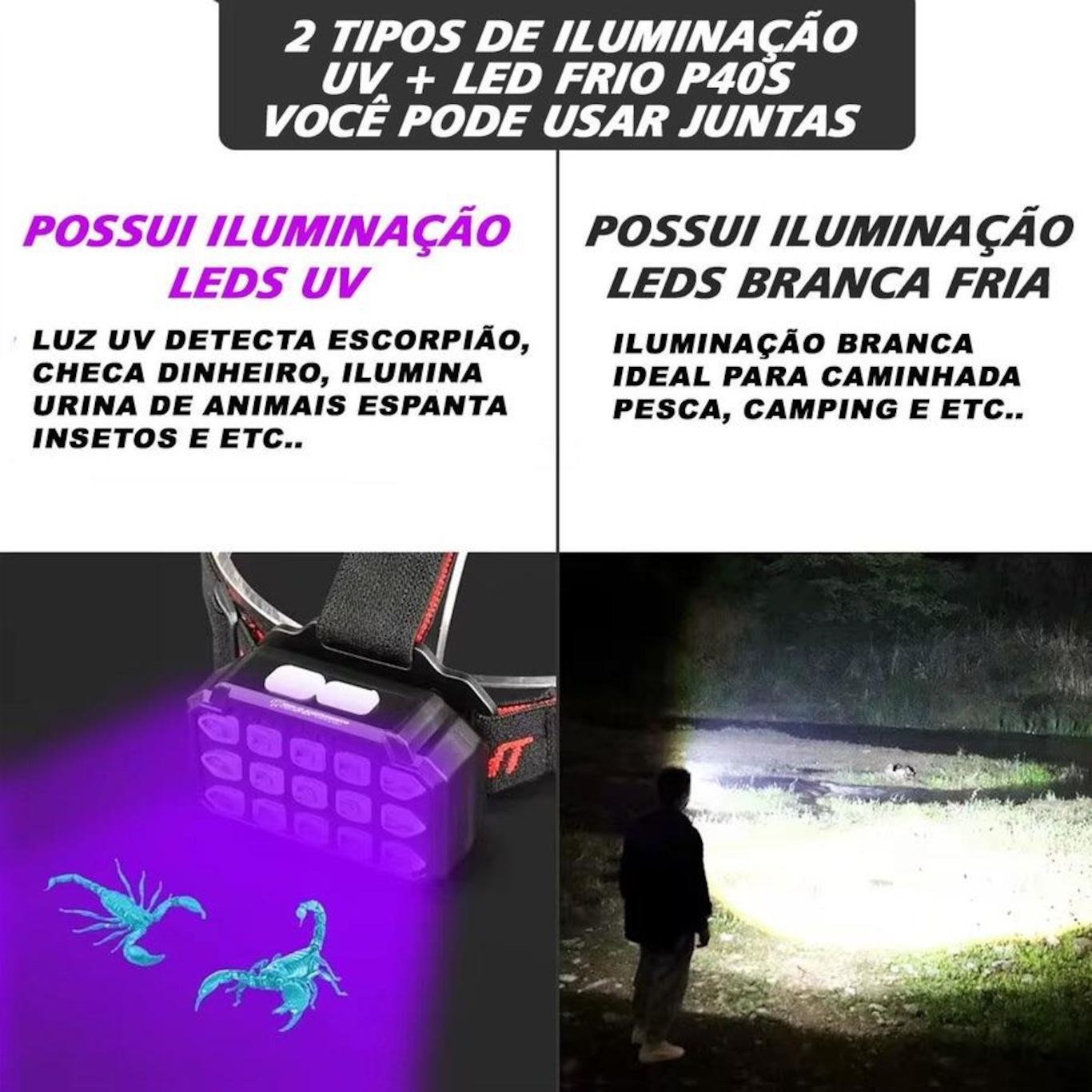 Lanterna Cabeça Gold Sports Uv E Leds Recarregáveis 4 Model Bateria De Lítio A Prova Água - Foto 6