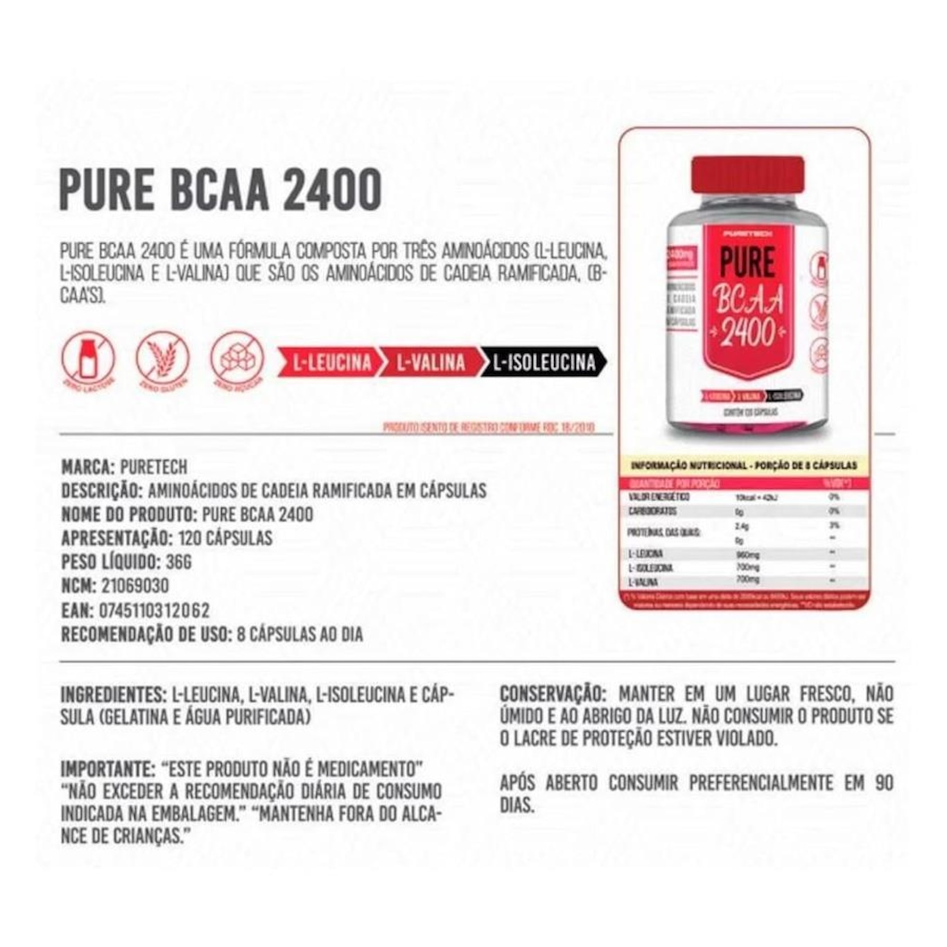 Bcaa Pure 2400 Puretech - 120 Cáps - Foto 2