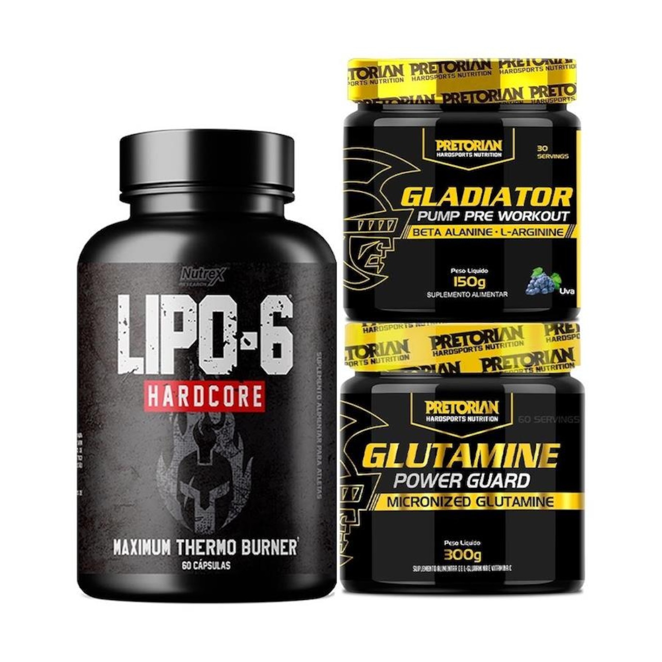 Kit Termogênico Lipo 6 Black - Nutrex + Pré-Treino Gladiator 150G Uva + Glutamina 300G - Pretorian - Foto 1