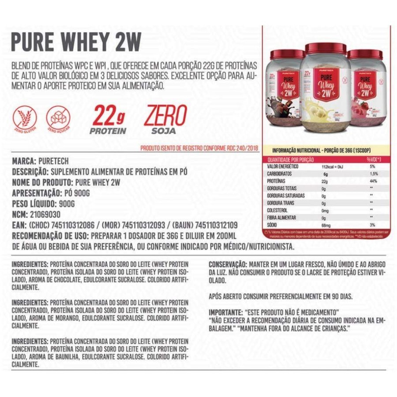 Kit 5X Whey Protein 2W 900G - Puretech - Foto 2