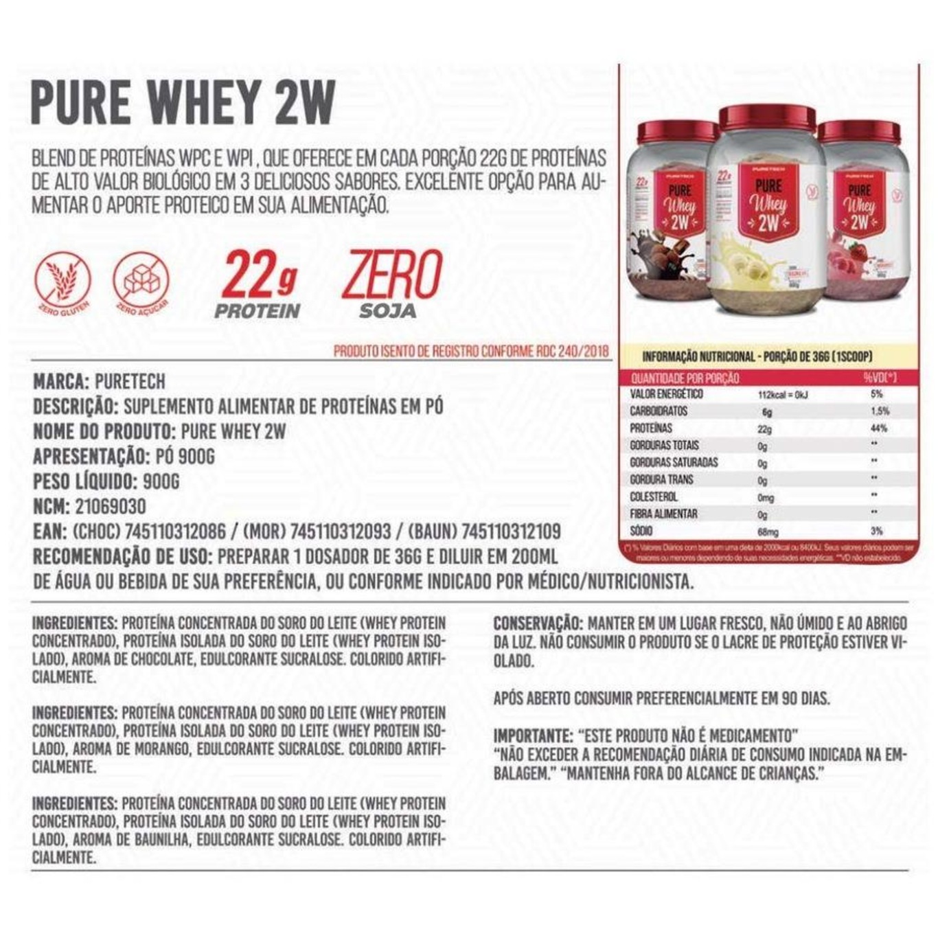 Whey Protein Pure Whey 2W 900G- Puretech - Foto 2