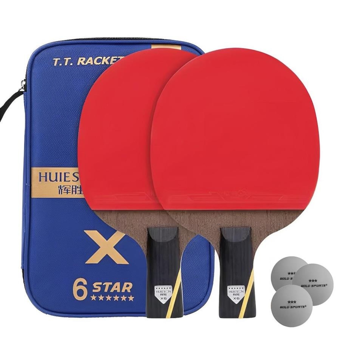 Kit tênis de Mesa Huieson Carbon 2 Raquetes Short 6 Star + Bolsa e 3 Bolas Gold Sports 3 Star - Foto 1