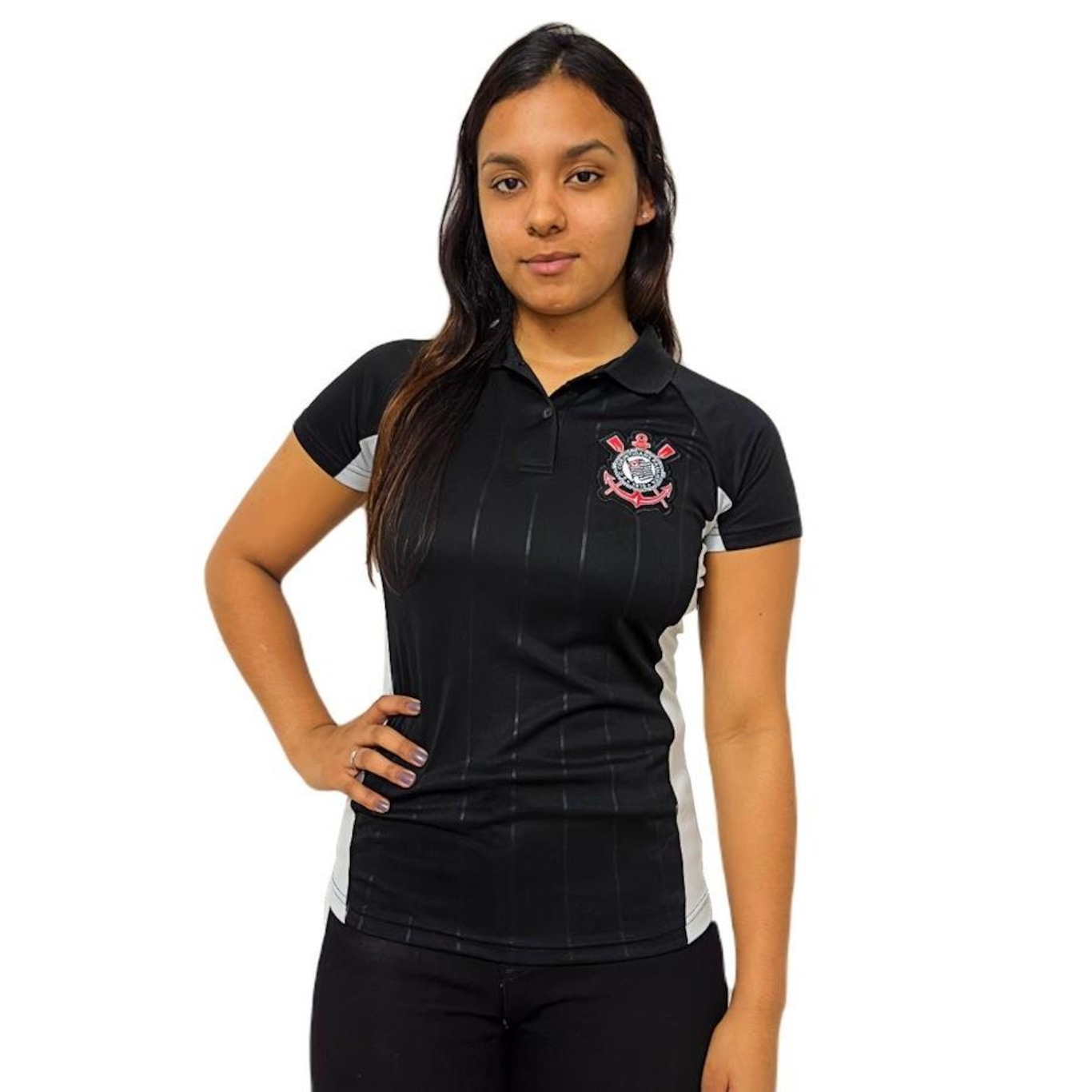 Camisa do Corinthians Lotus Baby Look Polo Emboss - Feminina - Foto 1