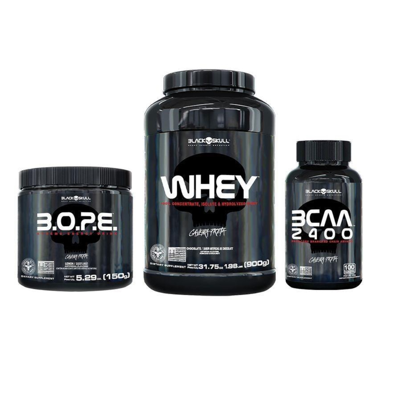 Kit Whey + Pré-Treino Bope + Bcaa - Black Skull - Foto 1