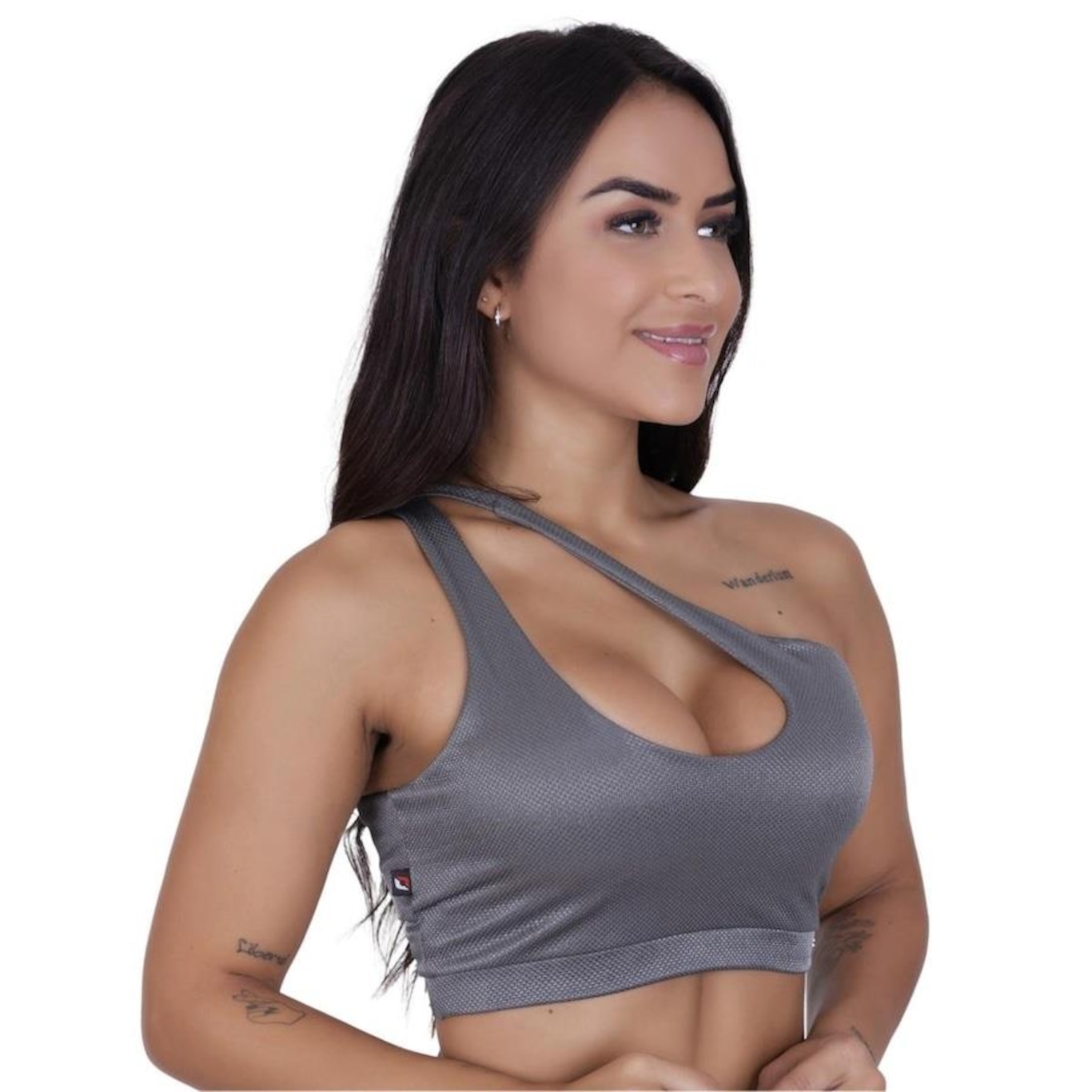 Top Fitness Feminino Um Ombro Poliamida Fio Brilho Acetinado Bojo - Foto 2