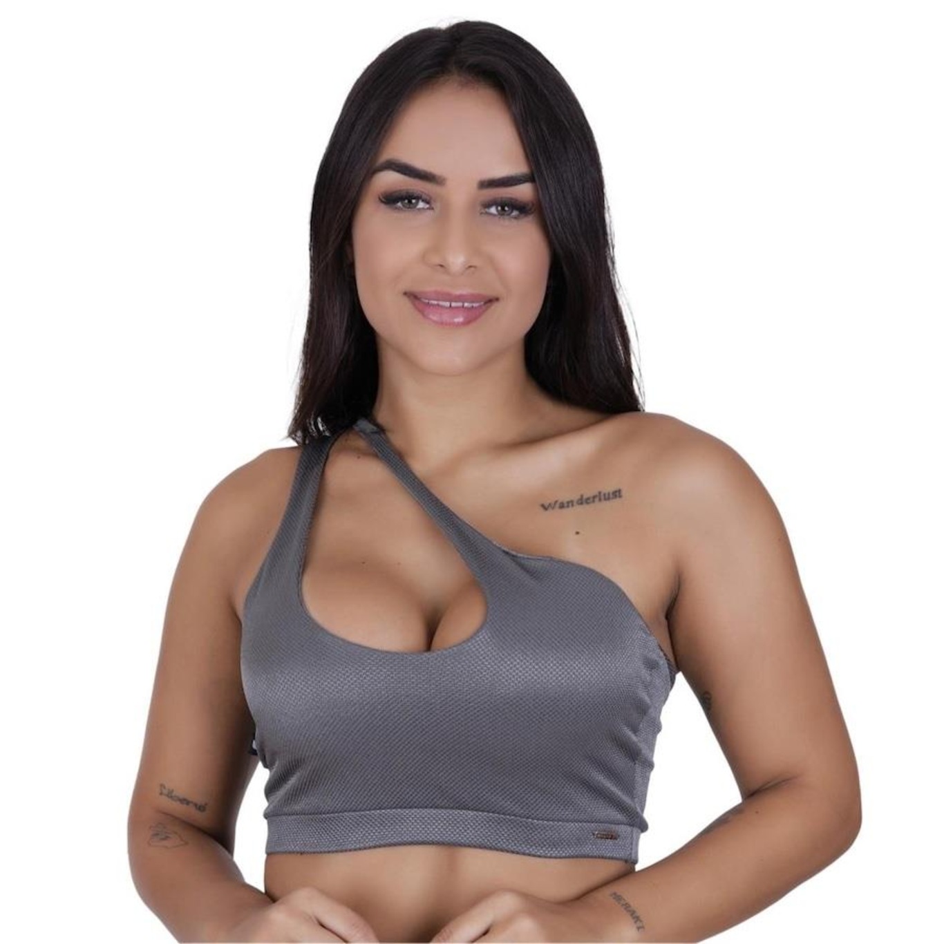 Top Fitness Feminino Um Ombro Poliamida Fio Brilho Acetinado Bojo - Foto 1