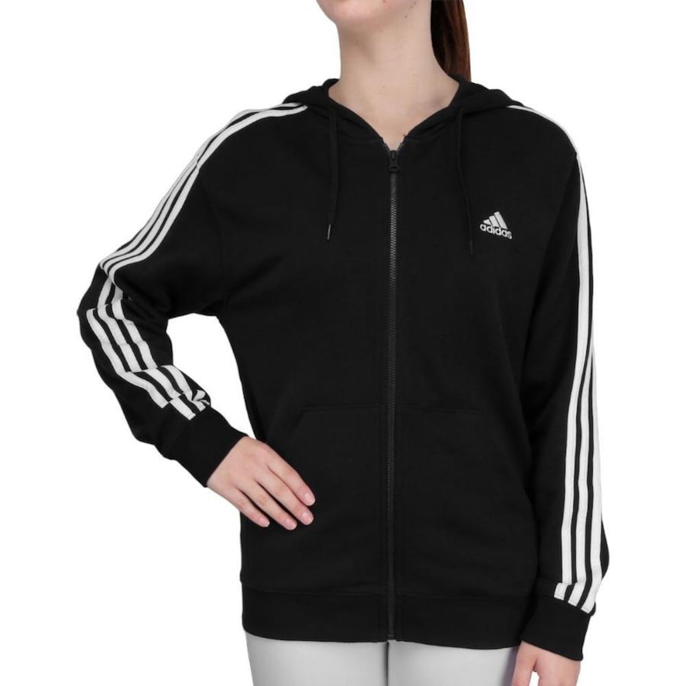 Jaqueta adidas com Capuz Essentials 3-Stripes Preto e Branco - Foto 1