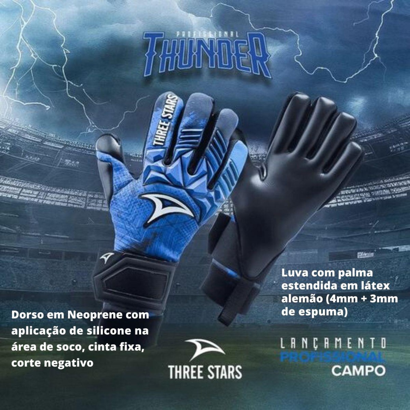 Luva de Goleiro Three Stars Thunder - Adulto - Foto 2