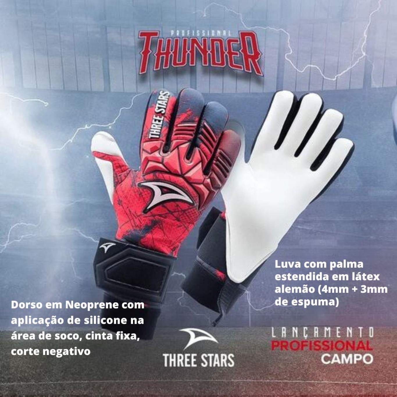 Luva de Goleiro Three Stars Thunder - Adulto - Foto 2