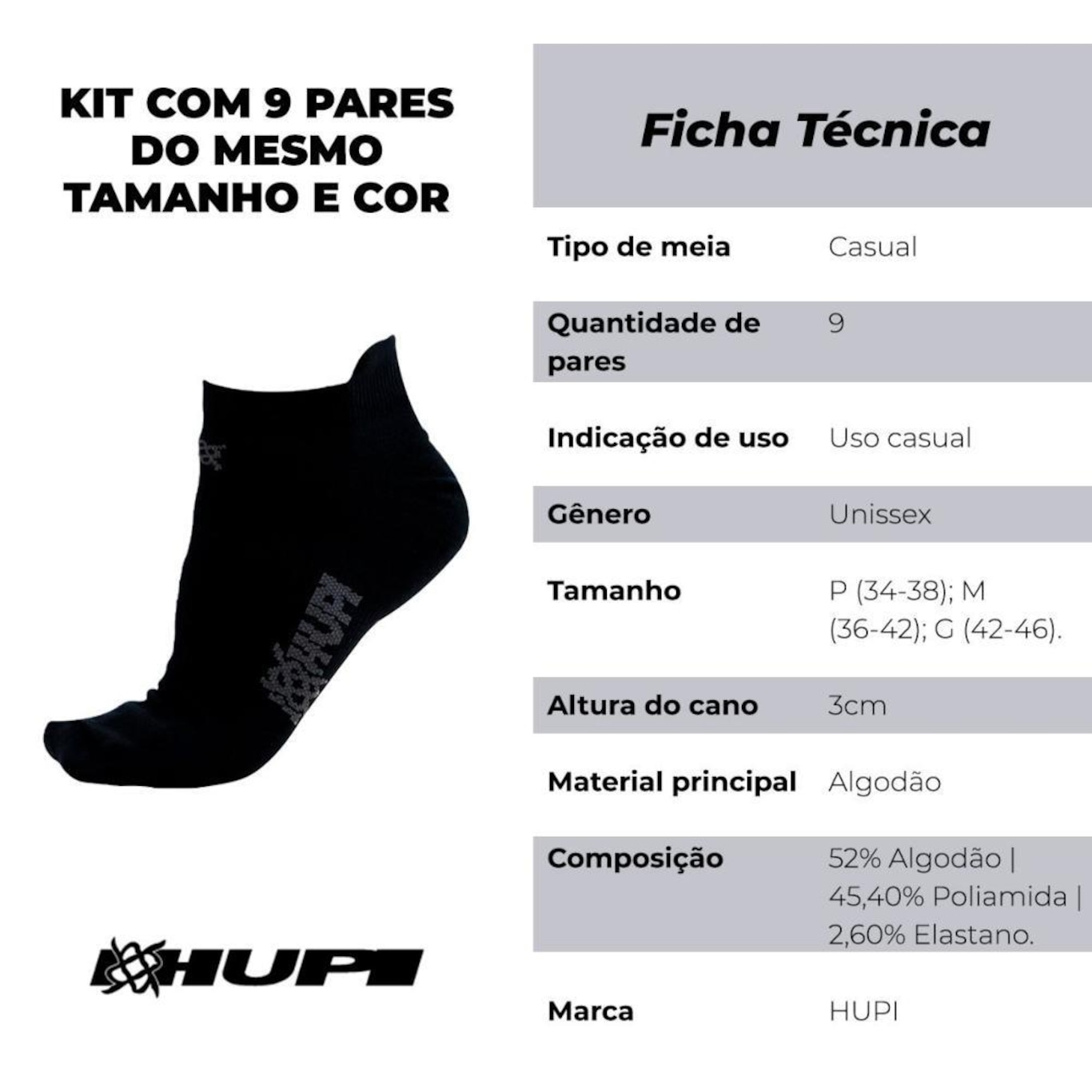 Meia Hupi Casual Invisível Algodão P - Kit 09 Pares - Unissex - Foto 2