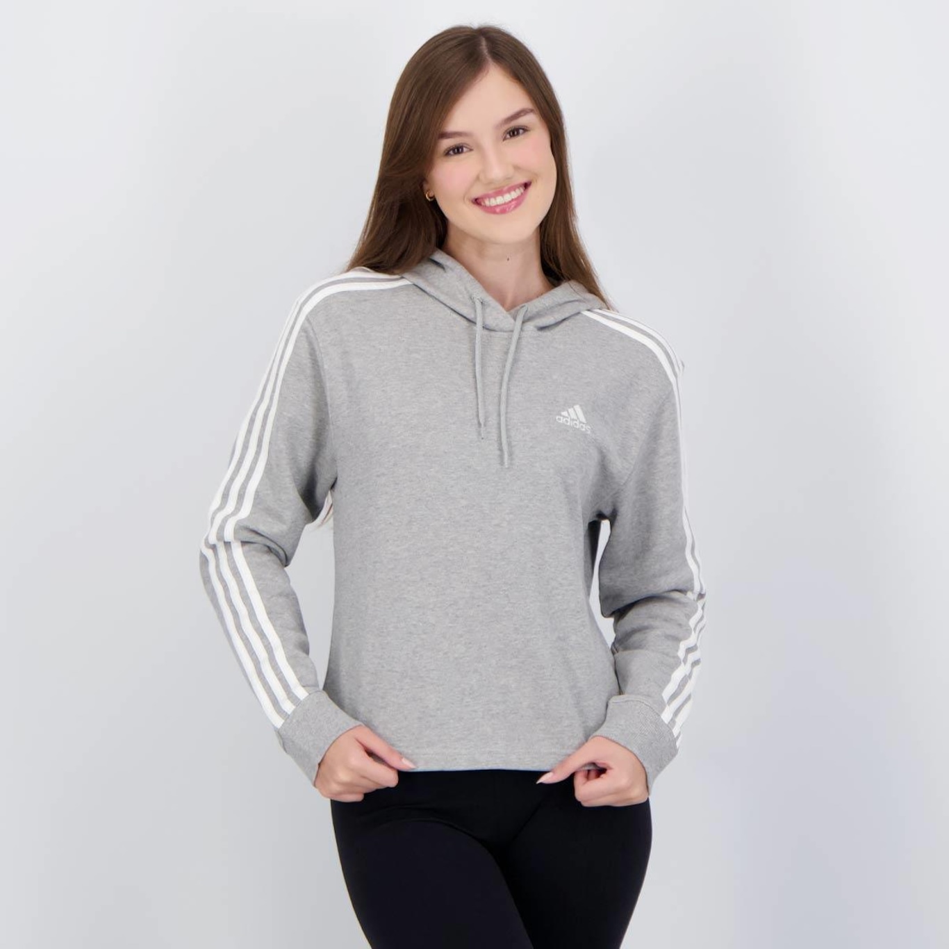 Blusão de Moletom com Capuz adidas Cropped 3 Stripes - Feminino - Foto 1