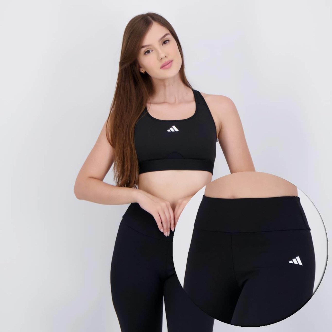 Kit Top adidas Powerreact Suporte Médio e Calça Legging adidas Basic Treino - Feminino - Foto 1