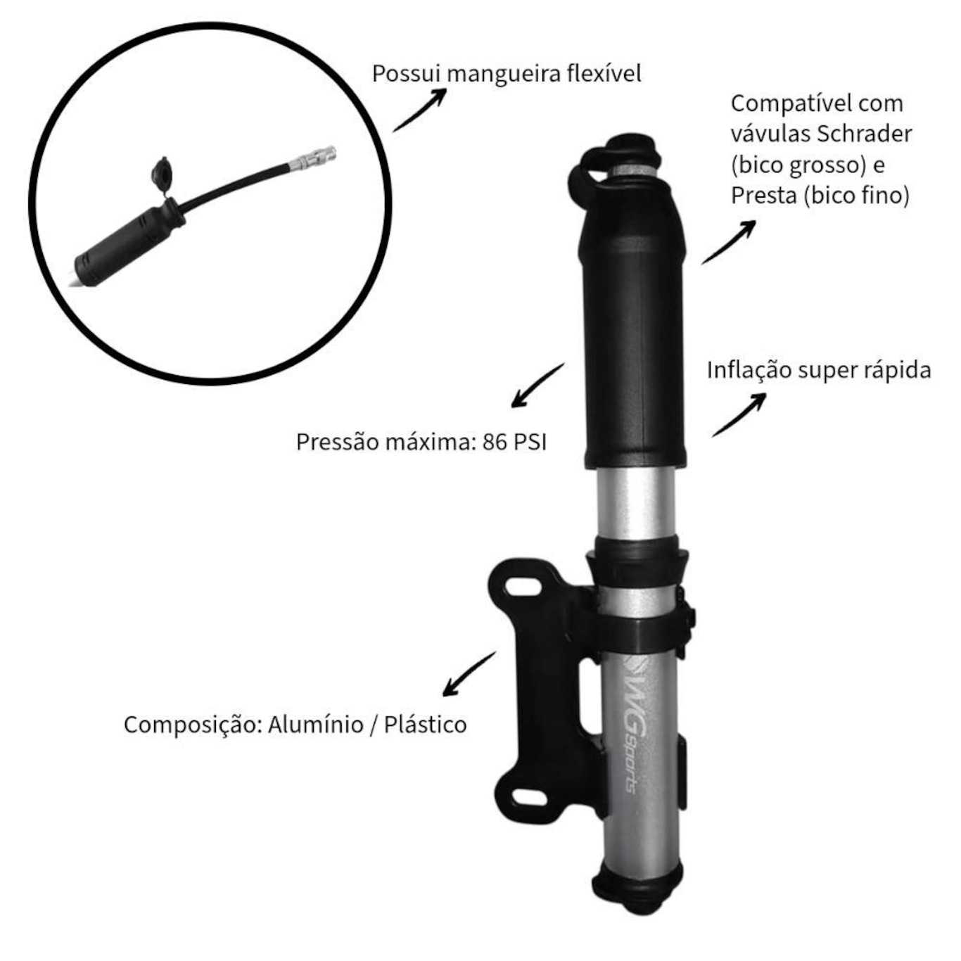 Bomba de Ar Wg Sports Mini Alumínio com Mangueira Bike Mtb - Foto 2