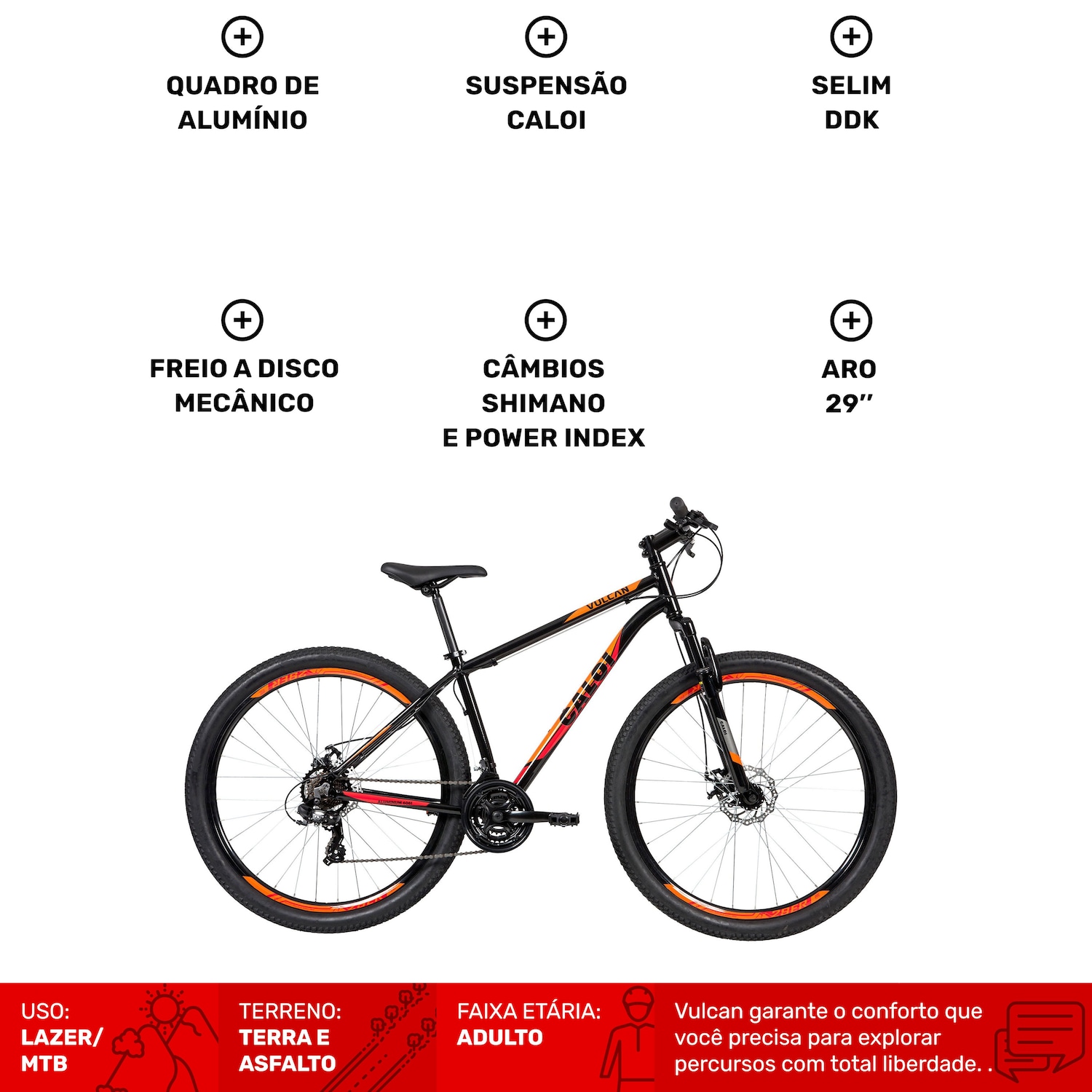 Mountain Bike Caloi Vulcan - Aro 29 - Freio a Disco Mecânico - Câmbio Traseiro Shimano - 21 Marchas - Foto 3