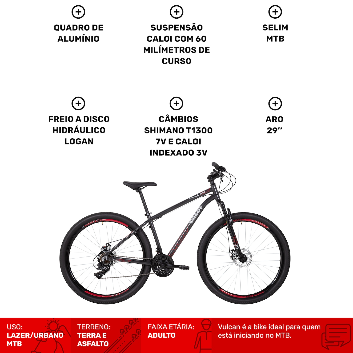 Bicicleta Caloi Vulcan - Aro 29 - Freio a Disco Mecânico - Câmbio Traseiro Shimano - 21 Marchas - Foto 3