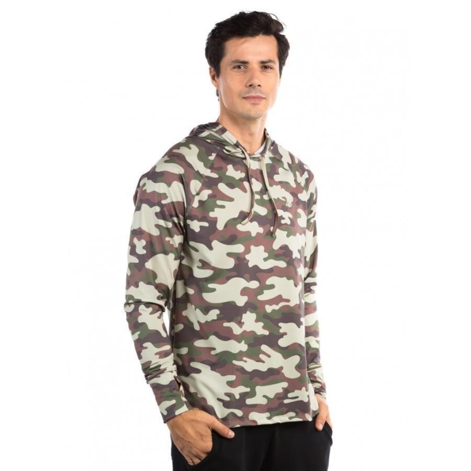 Camiseta Manga Longa UV com Capuz e Encaixe de Dedo Extreme UV Camuflada Militar - Masculina - Foto 4