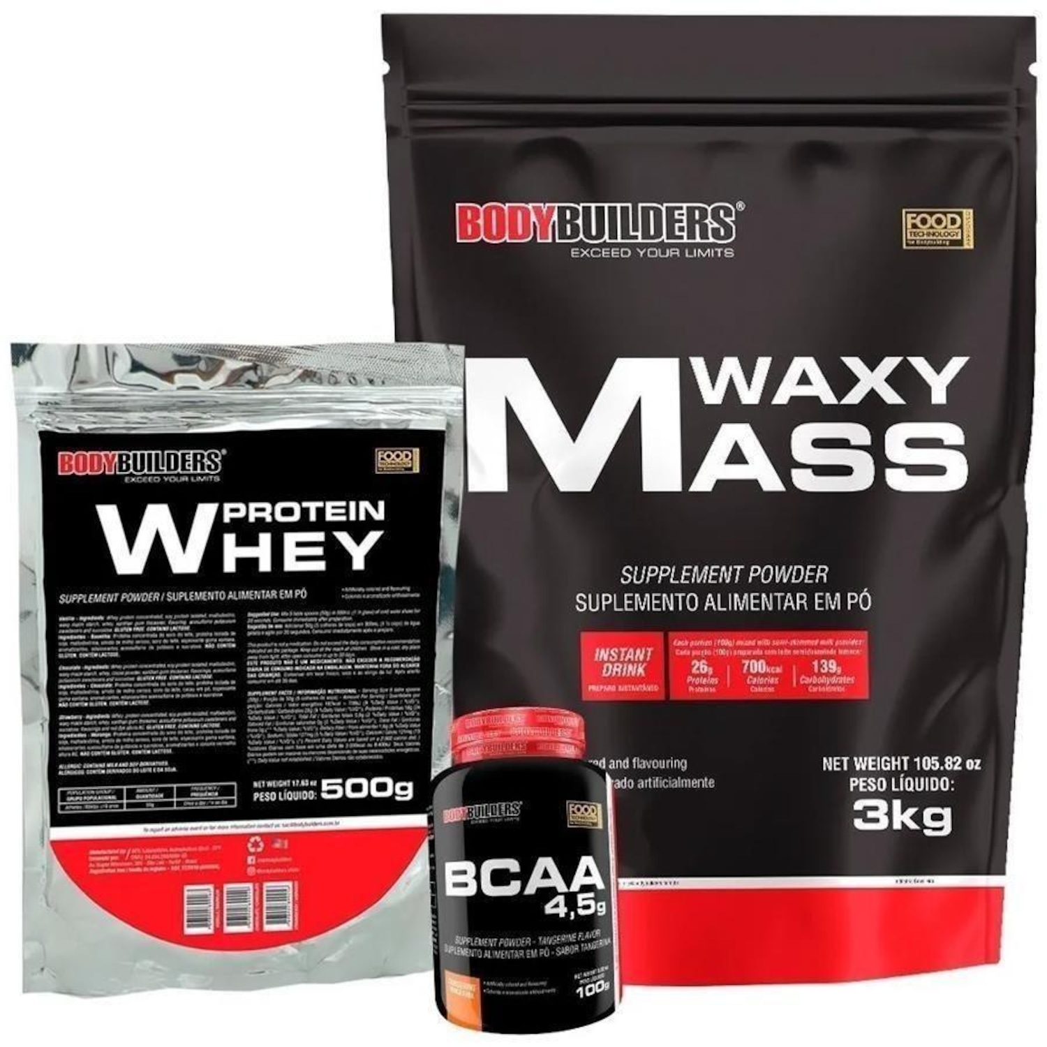 Kit Bodybuilders: Hipercalórico Waxy Mass - Chocolate - 3kg + Whey Protein Chocolate 500g +  BCAA 100g - Foto 1