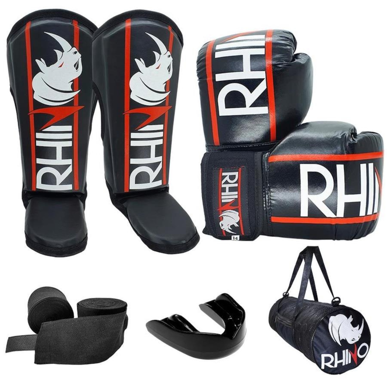 Kit de MuayThai Rhino Luva Caneleira Bandagem Bucal Bolsa - Foto 1
