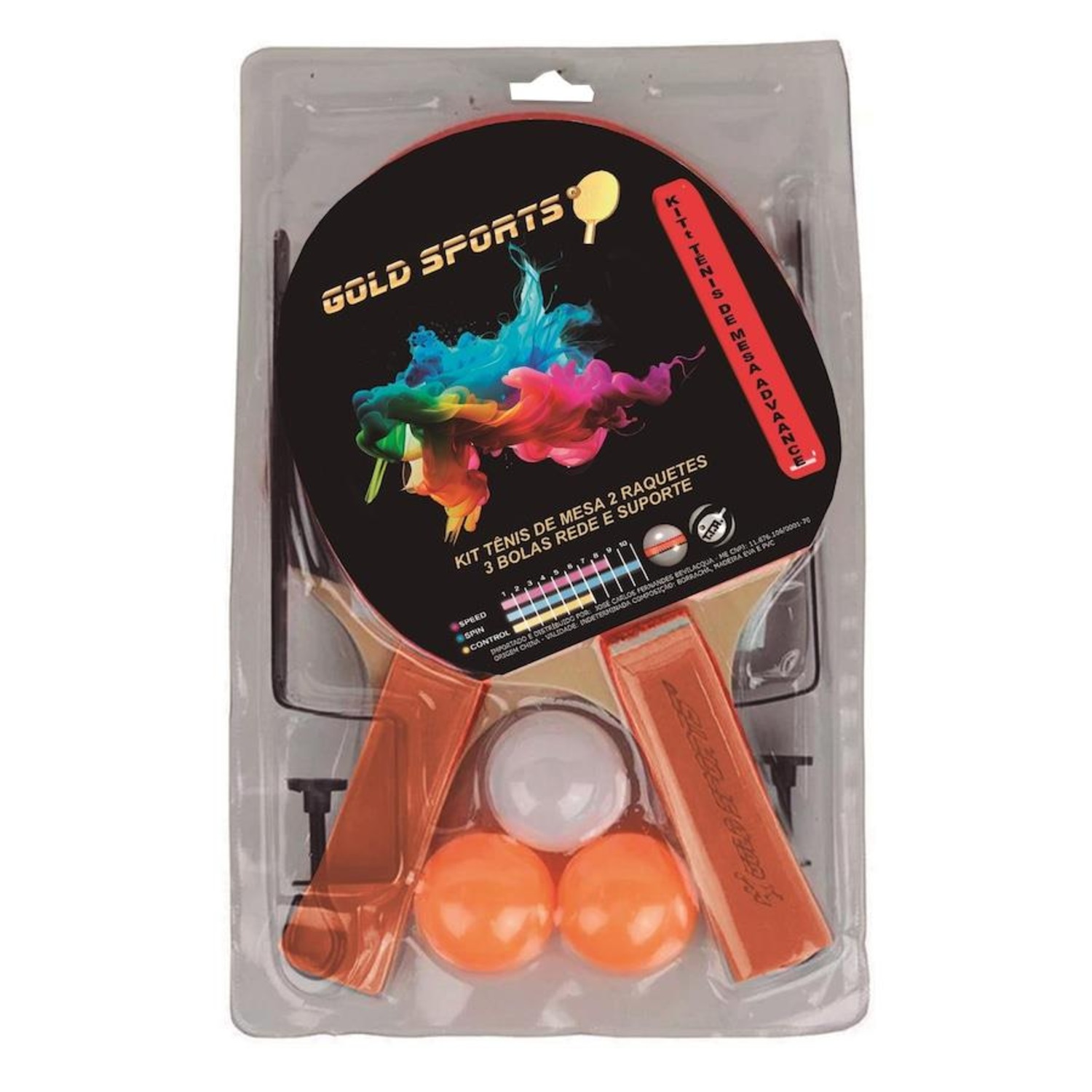 Kit Tênis de Mesa Gold Sports Advance : 2 Raquetes + 3 Bolas + Rede +Suporte - Foto 1