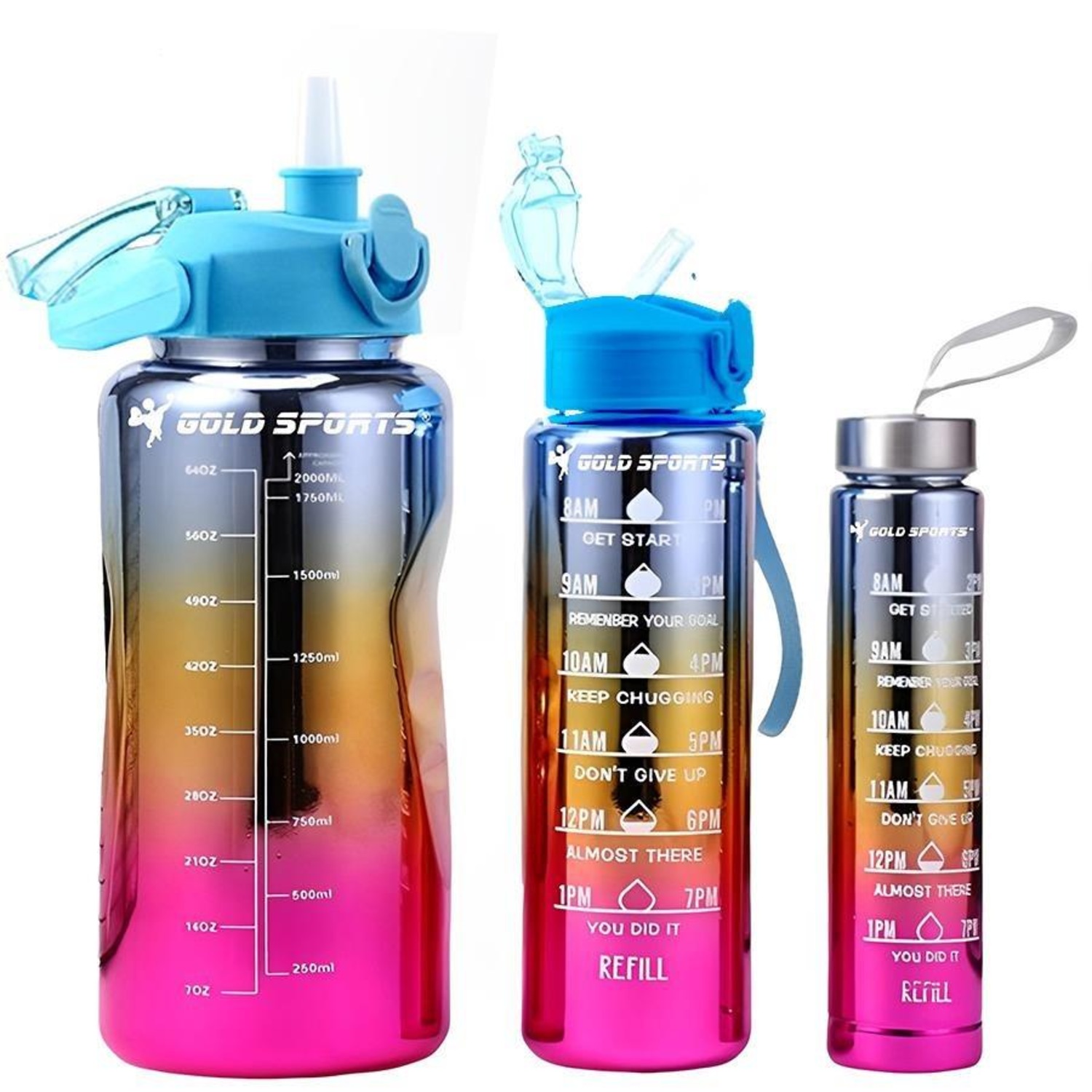 Kit 3 Garrafas Squeeze Plástica Gold Sports Degrade Adesivos Bpa-Free 2 Lts, 800ml e 280ml - Foto 4