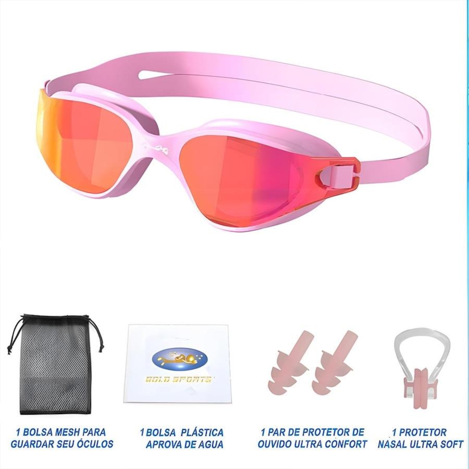Kit Natação Gold Sports Óculos Lince Demi Mirror Hd + Mesh Bag + Clip Nasal + Protetor de ouvido - Foto 2