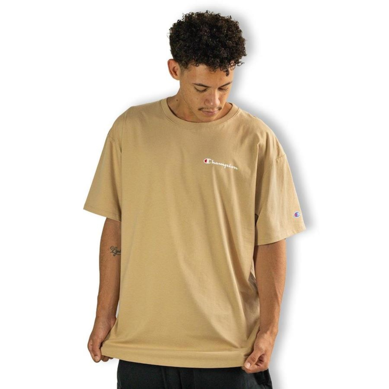 Camiseta Champion Mini Script Logo Country Walnut - Masculina - Foto 1
