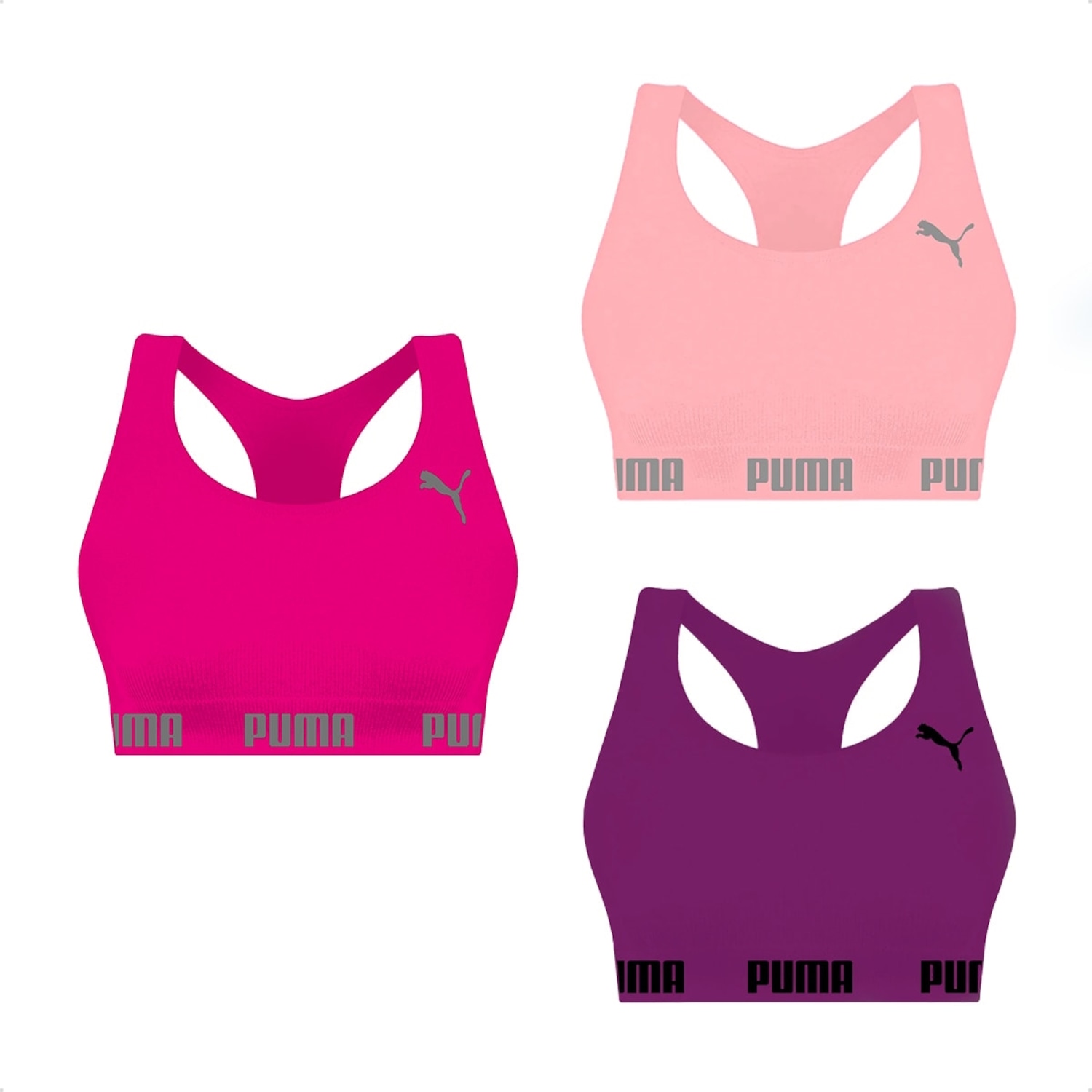 Kit Feminino Top Puma Nadador sem Costura - 3 Unidades - Foto 1