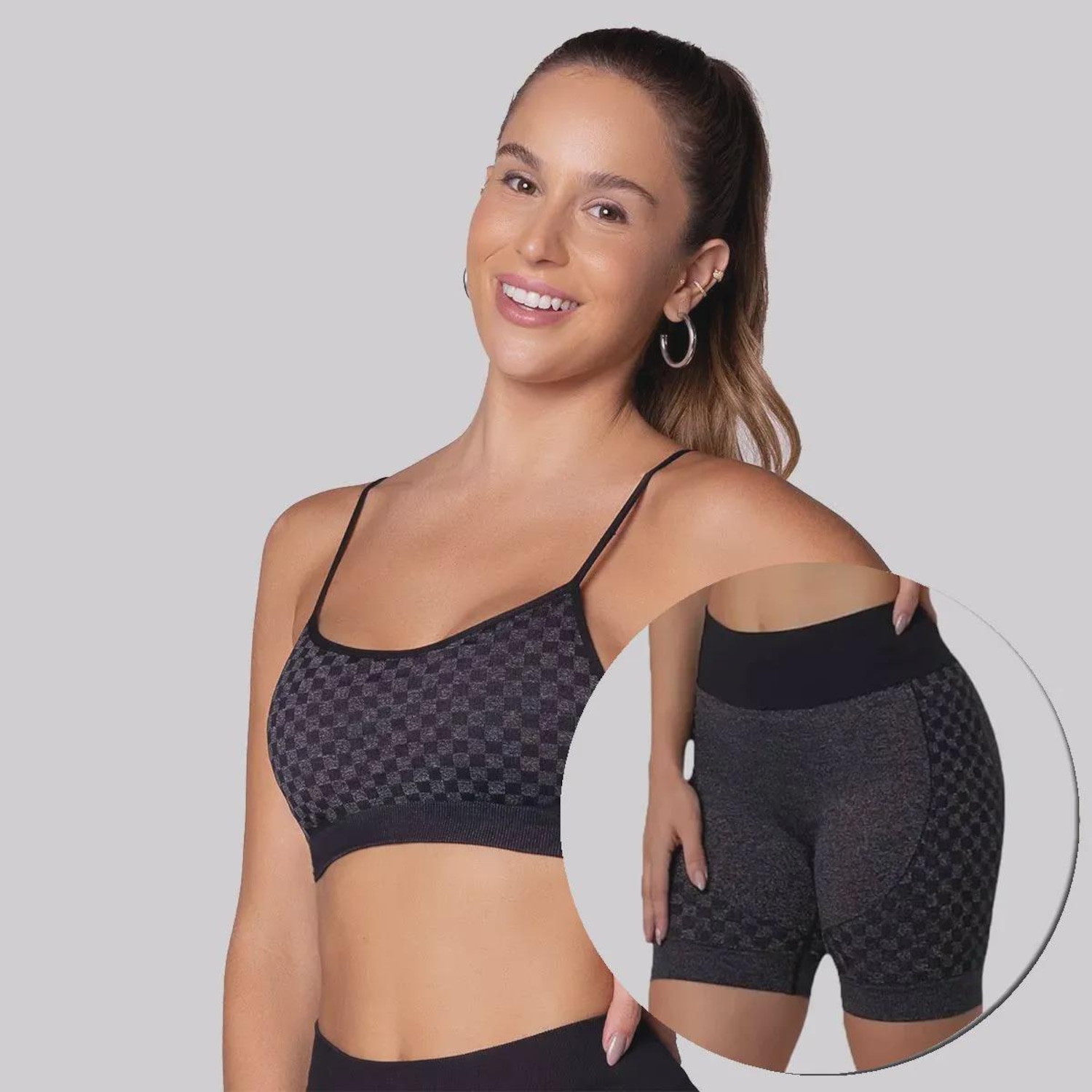 Top + Shorts Selene Quadriculado com Bojo Removível Feminino - Foto 1