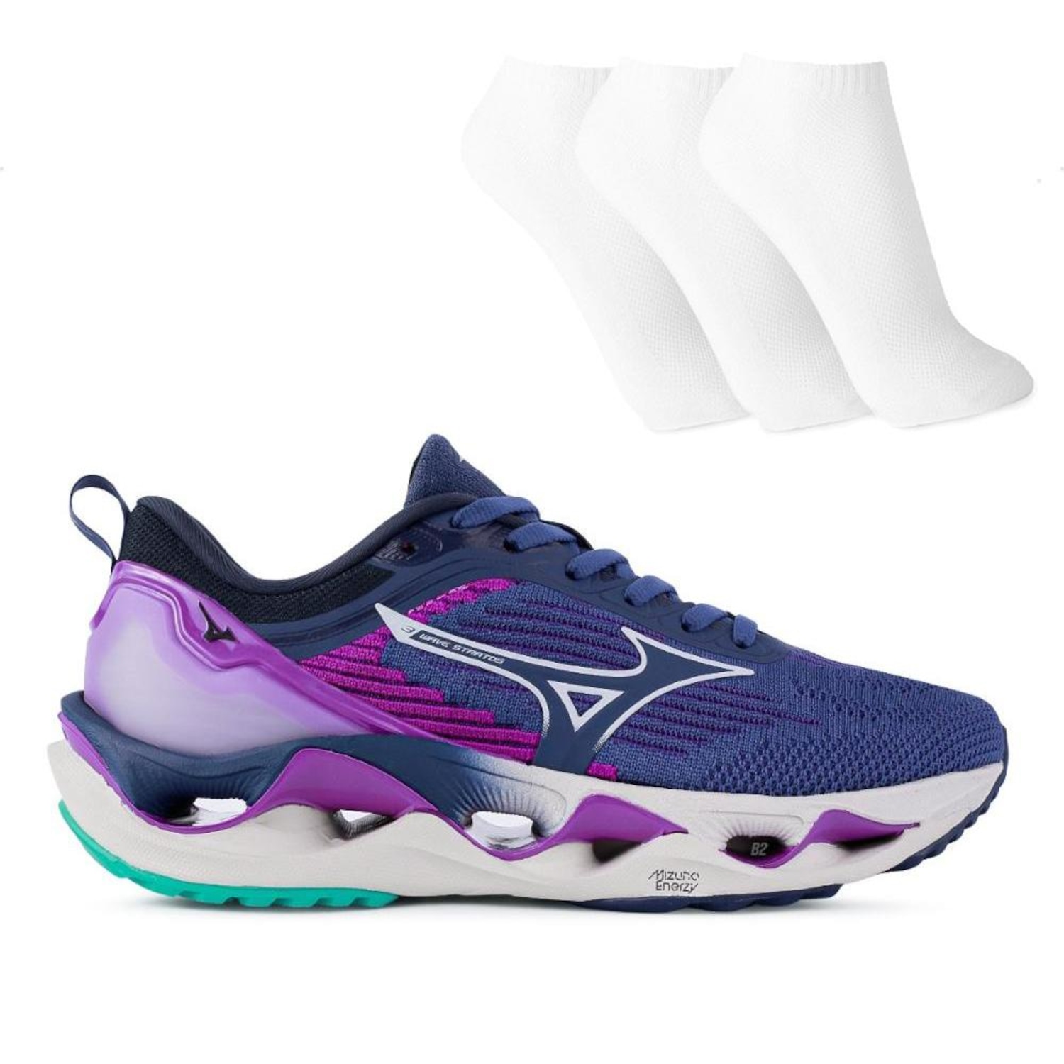 Tênis Mizuno Wave Stratos 3 Feminino + 3 Pares de Meias - Foto 1