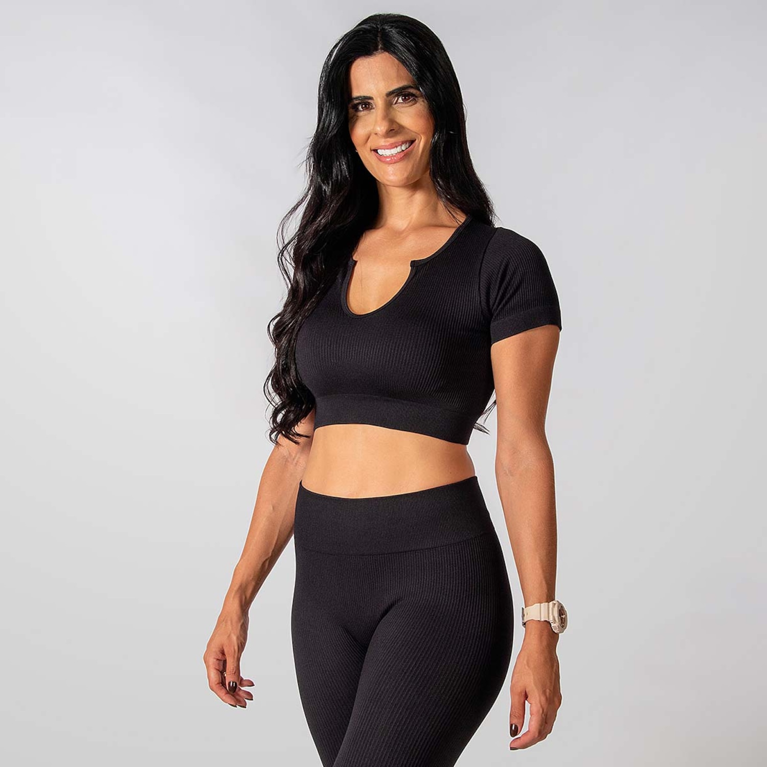 Conjunto Fitness Calça E Cropped Canelado Alma Genius Feminino - Foto 1