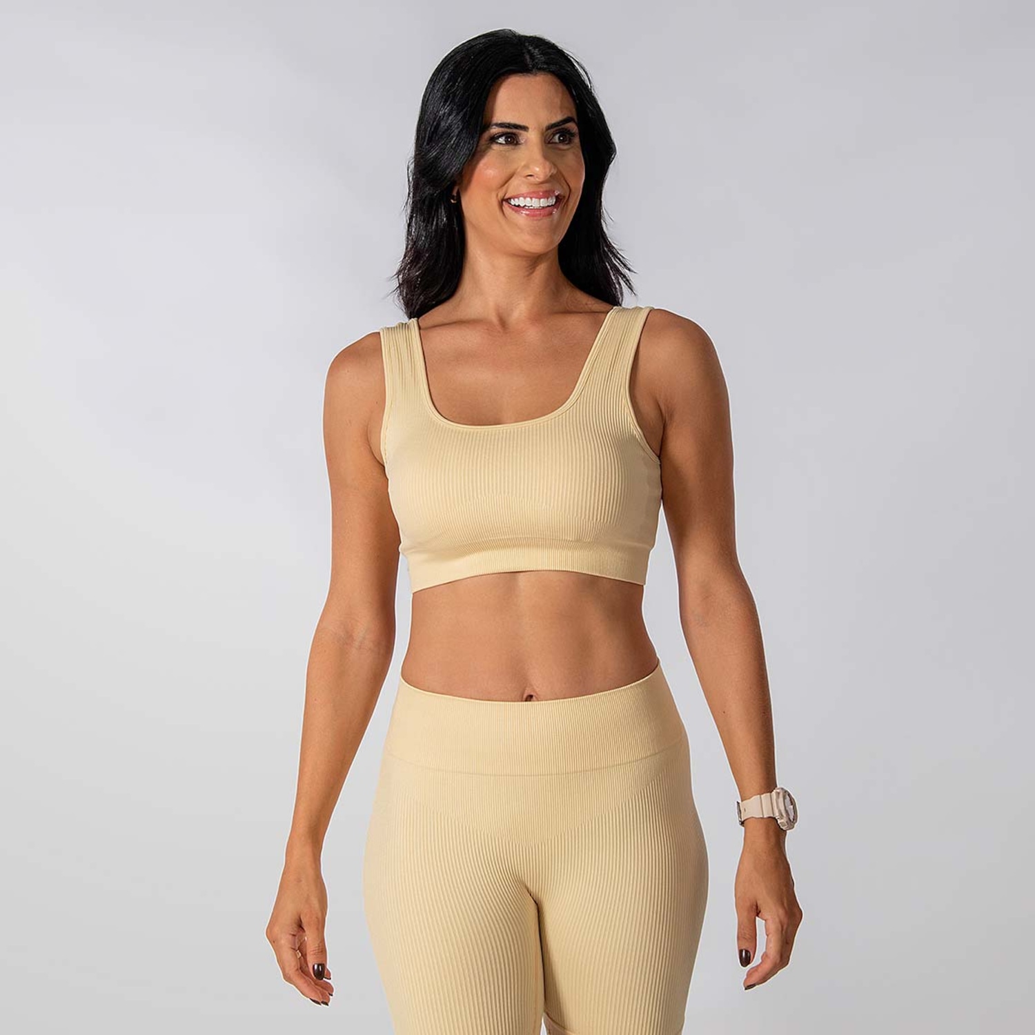Conjunto Fitness Short E Top Alça Canelado Alma Genius Feminino - Foto 1