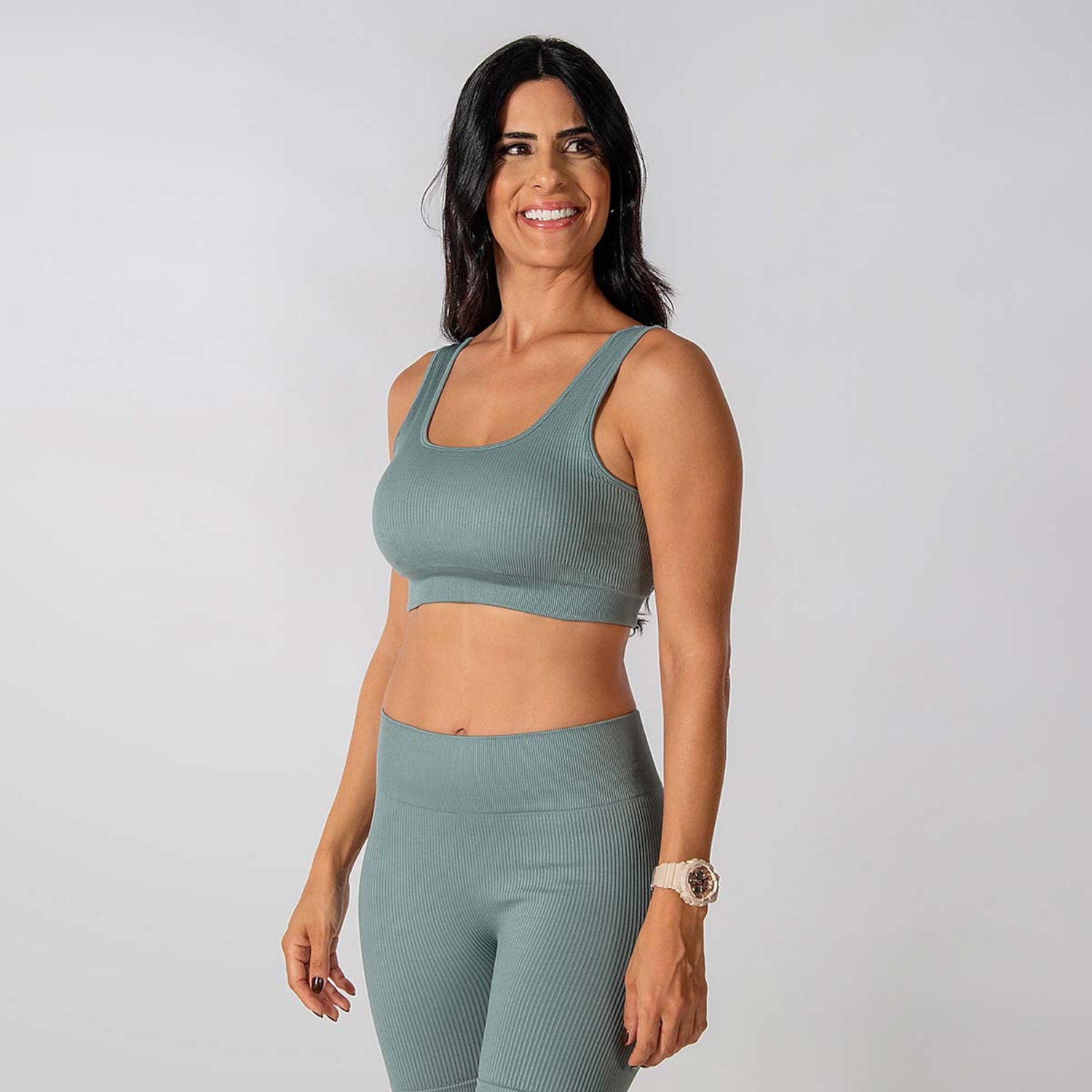 Conjunto Fitness Short E Top Alça Canelado Alma Genius Feminino - Foto 1