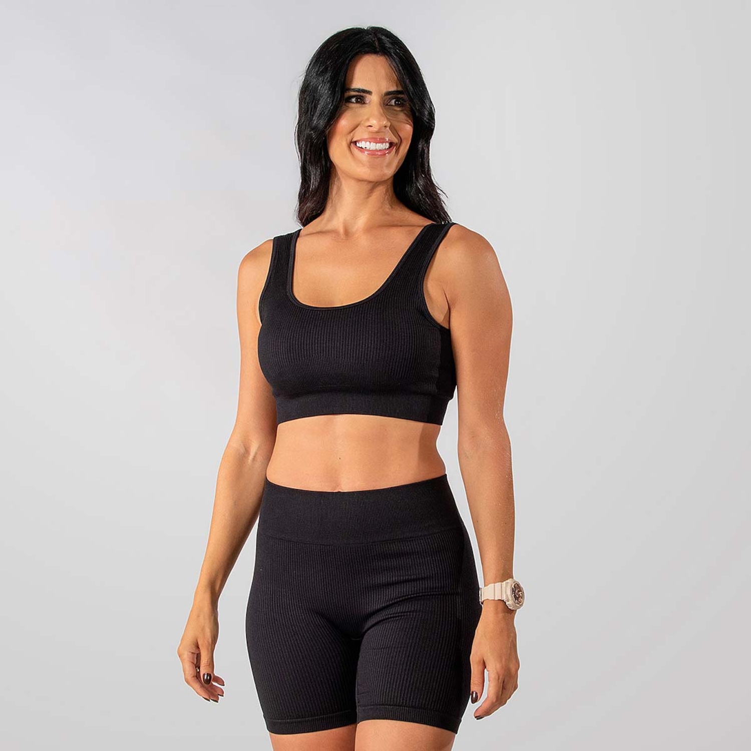 Conjunto Fitness Short E Top Alça Canelado Alma Genius Feminino - Foto 1