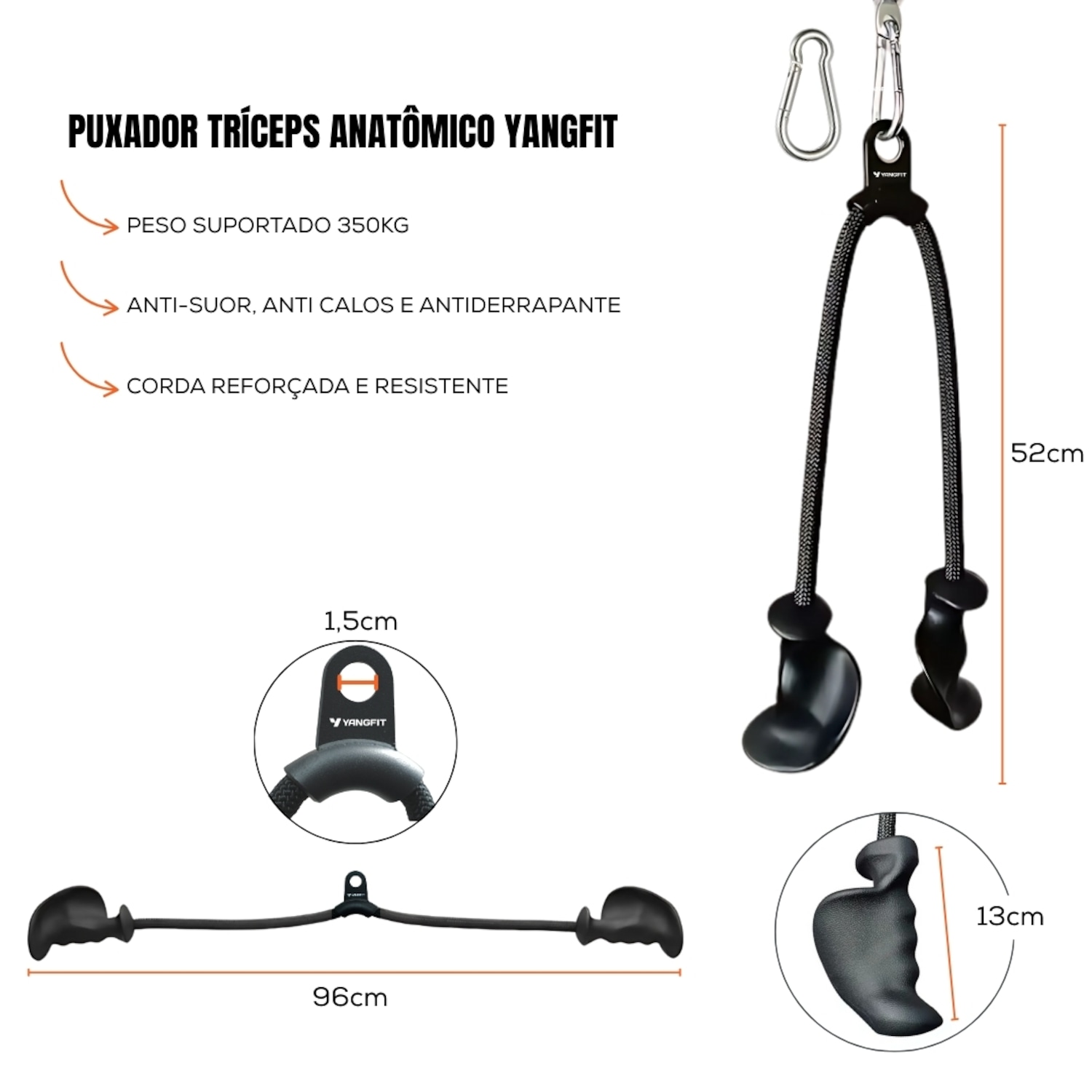 Puxador Tríceps Corda Profissional Yangfit Pegada Anatômica - Foto 2