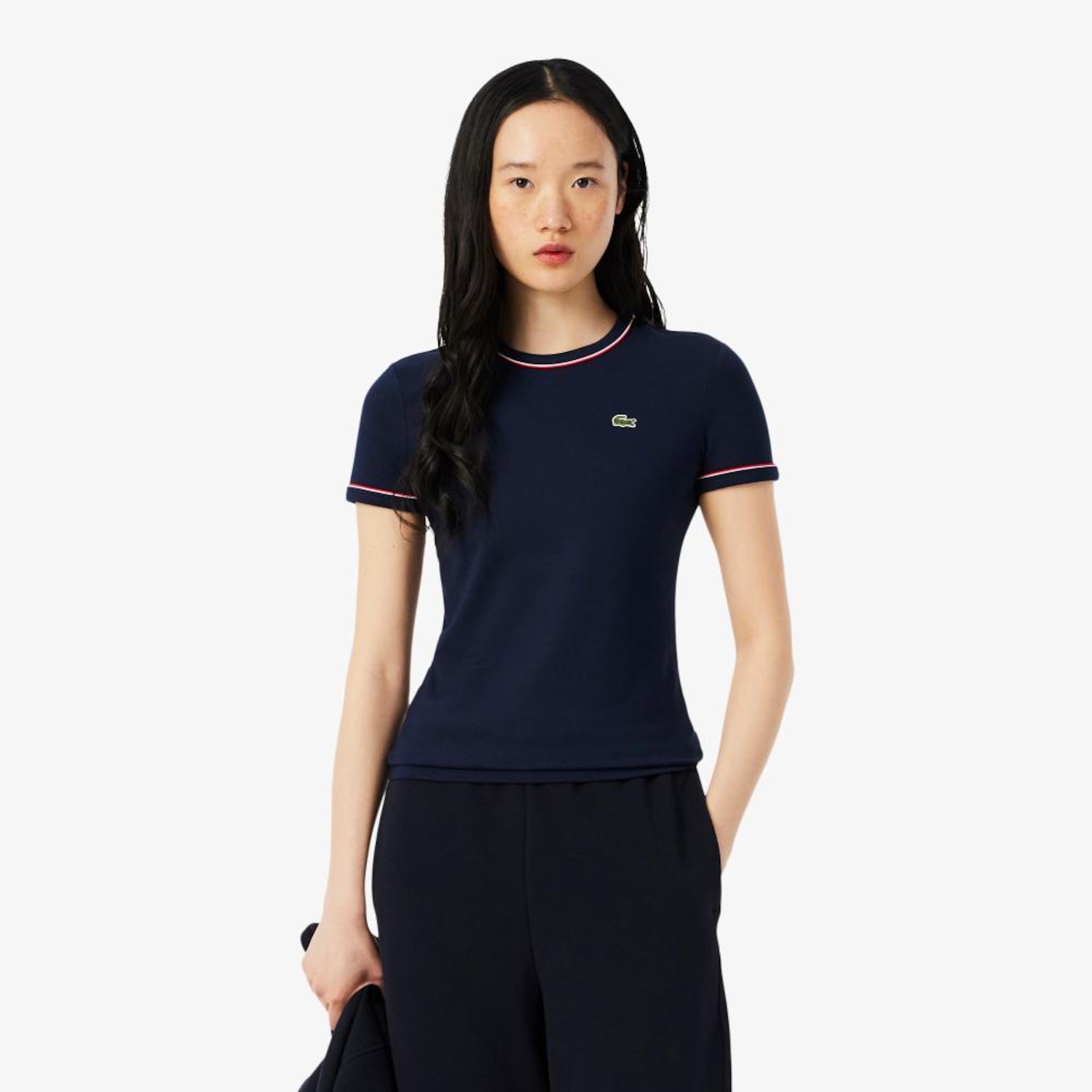 Camiseta de Malha com Acabamento Contrastante Lacoste Feminina - Foto 1