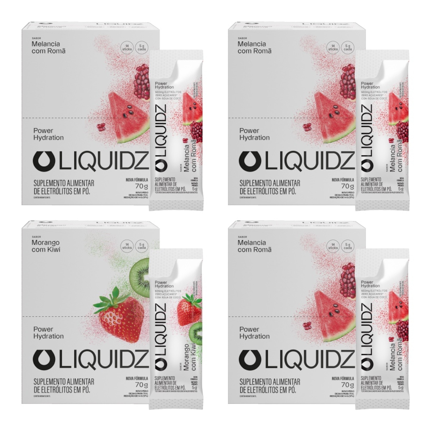 Kit 4 Caixas LIQUIDZ® - Eletrólitos Zero Açúcares - Morango | Melancia - 56 sachês - Foto 1