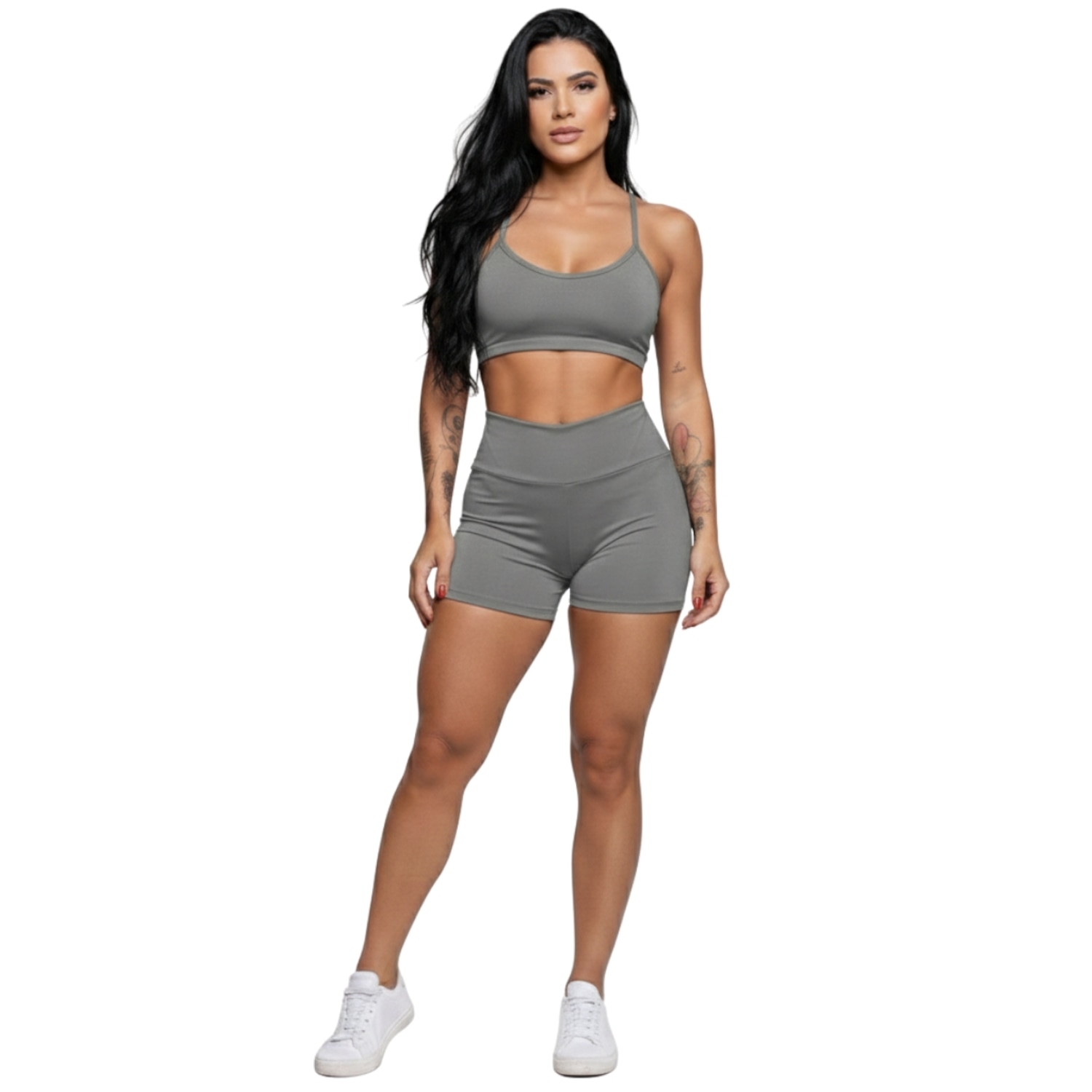 Conjunto Top Alça Fina sem Bojo e Short Suplex Vekyo Feminino - Foto 1