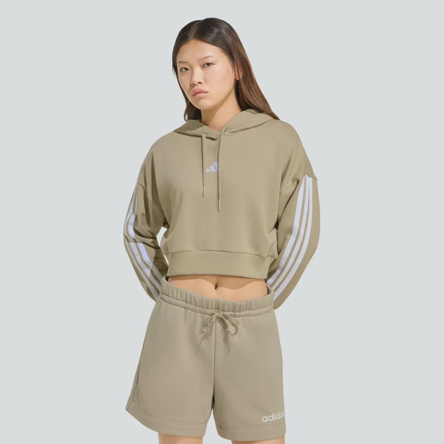 Blusão Moletom Feminino 3 Stripes Cropped com Capuz adidas - Foto 1
