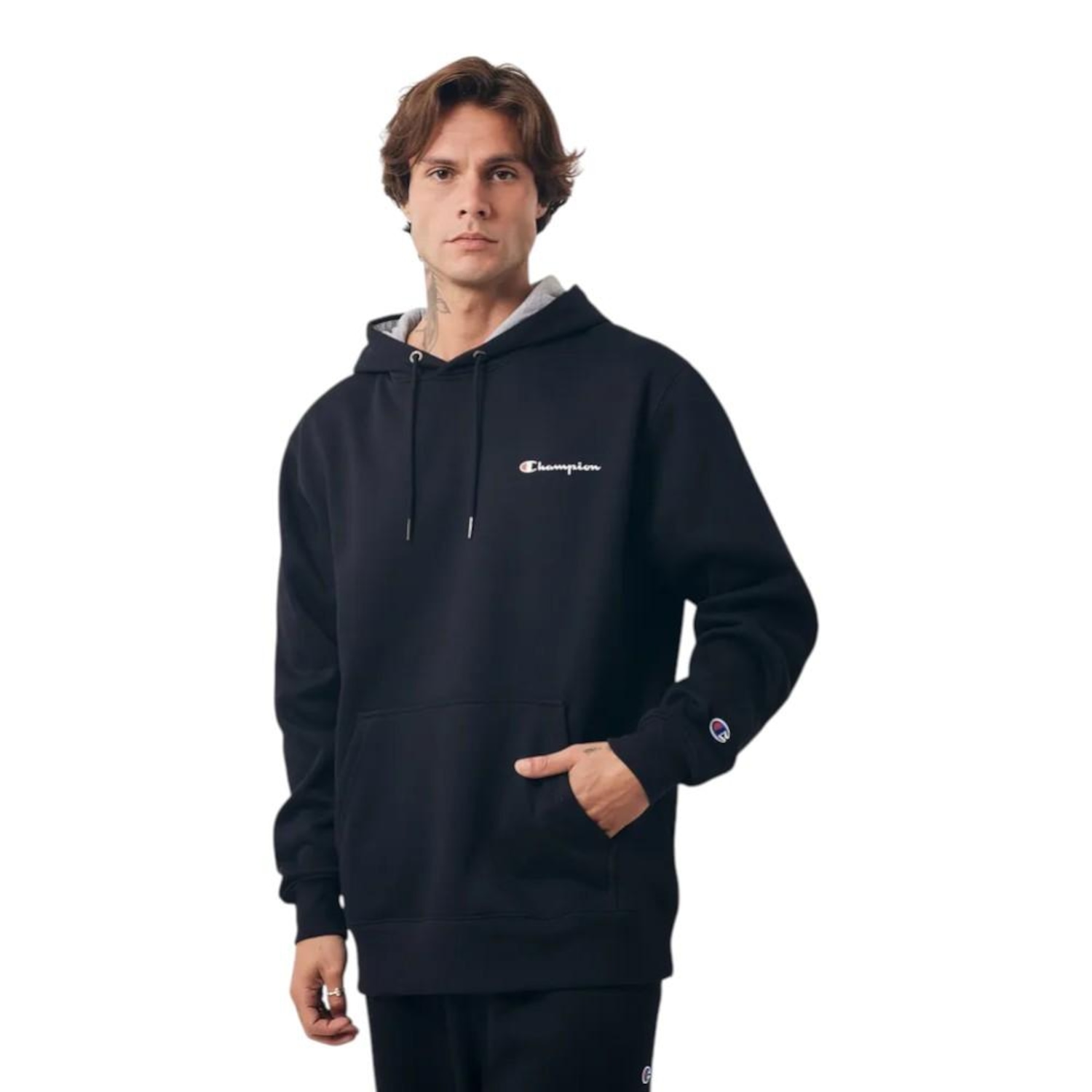 Blusa de Moletom Champion Hoodie Athletic Mini Script - Masculina - Foto 1
