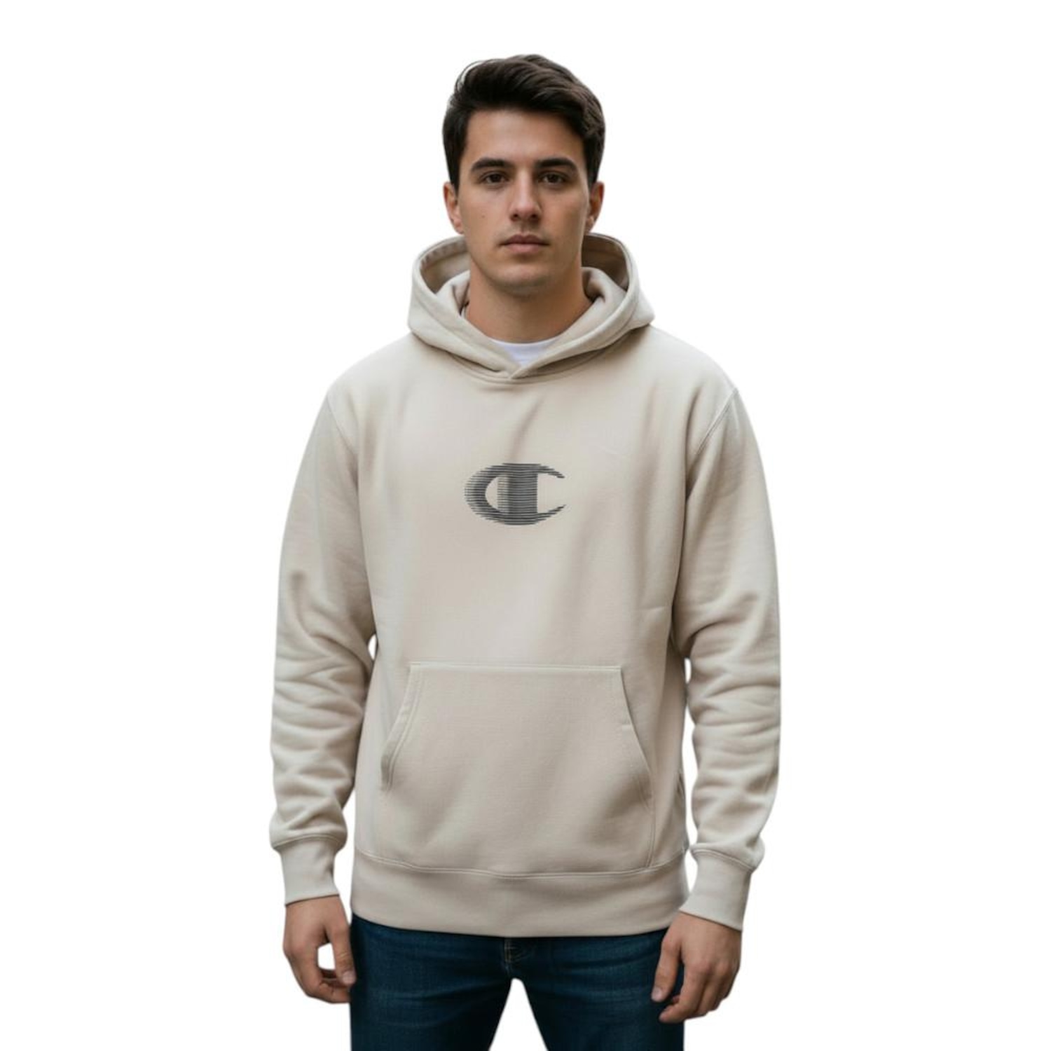 Moletom Masculino Champion Tech Hoodie Motion Logo Autumn Bege - Foto 1