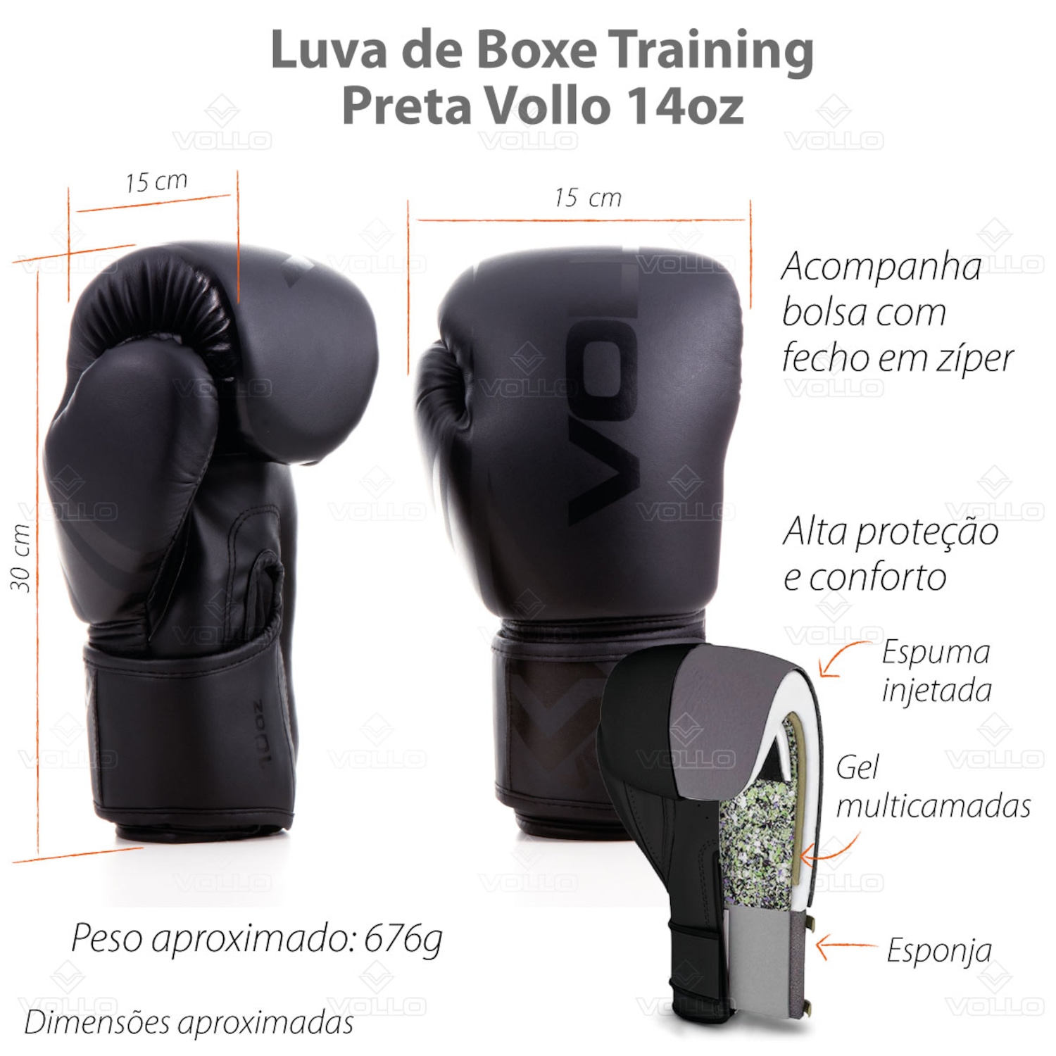 Kit Luva 14oz Boxe Muay Thai Preto + Protetor Bucal MMA Luta Vollo - Foto 4