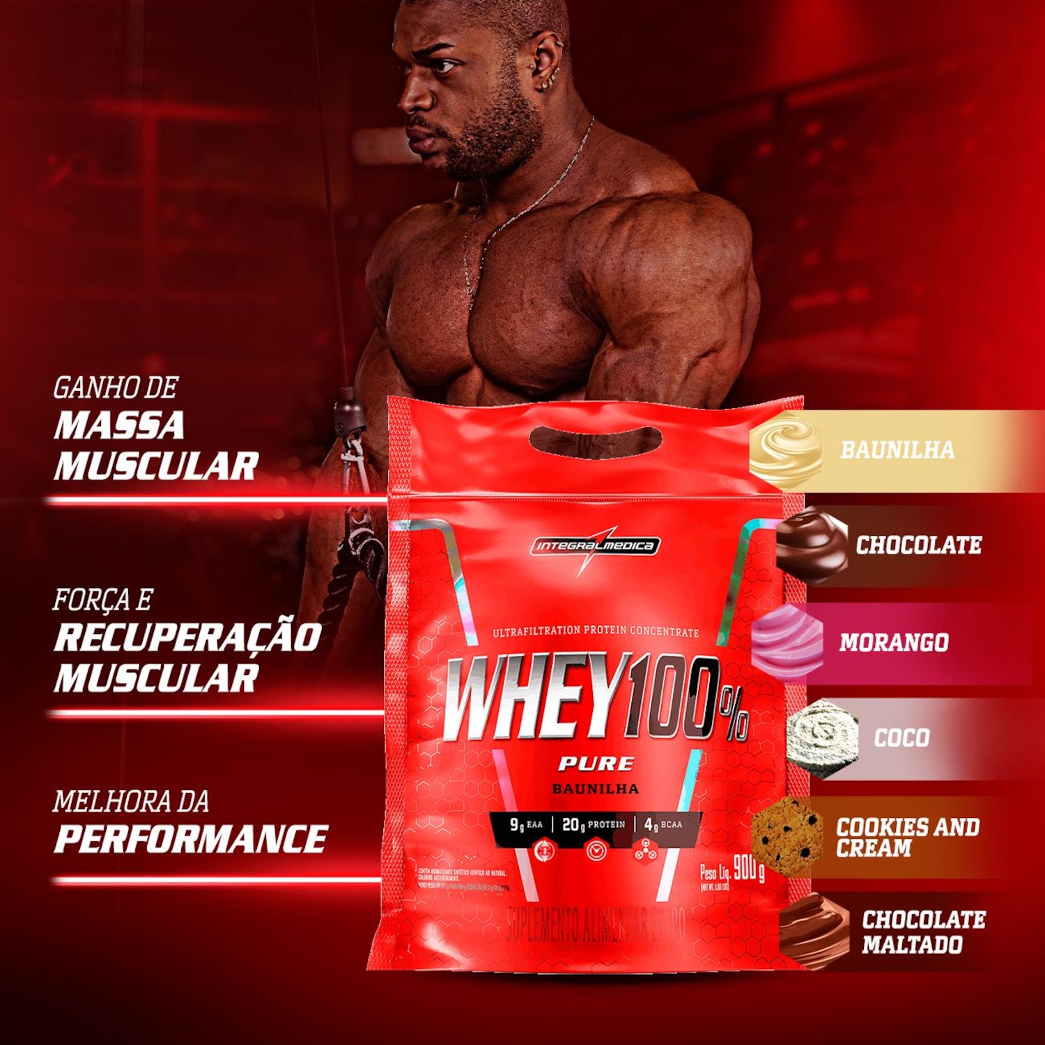 Kit Whey 100% 900g Pouch Morango + Creatina 100% Pura 300g + Huger 320g - Integralmedica - Foto 2