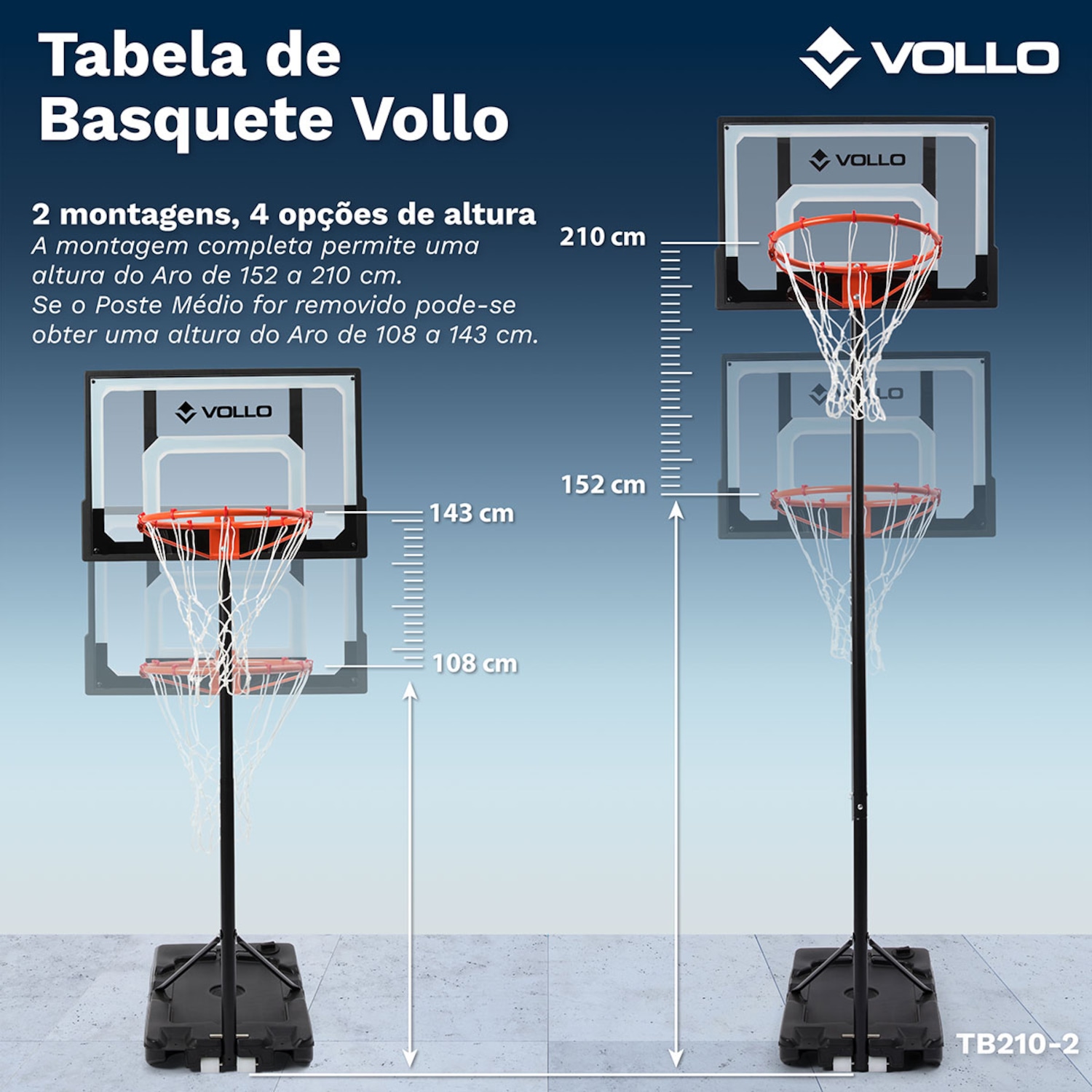 Tabela de Basquete Portátil Ajustável até 2,10m Aro 38cm Vollo - Foto 2